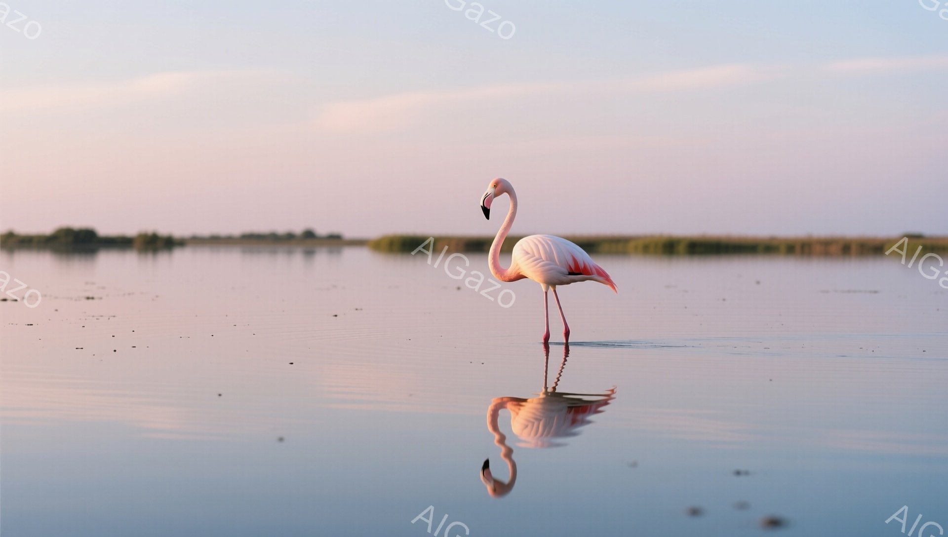 広大な水面にピンク色のフラミンゴが優雅に立っている。水面にはフラミンゴの鮮やかな姿が映り込み、静かで穏やかな雰囲気を醸し出している。遠くには緑の陸地が見え、夕焼け空が美しい背景となっている。 - AI生成フリー素材