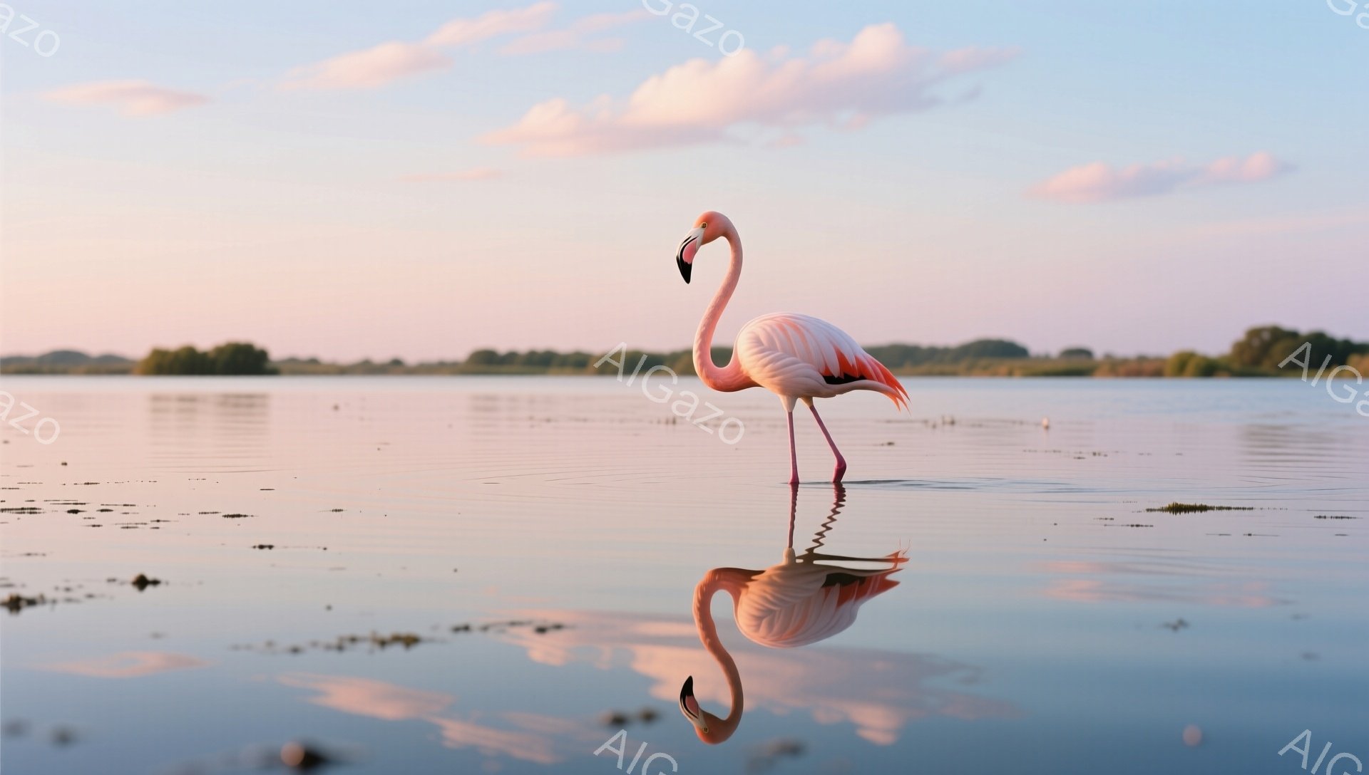 ピンク色のフラミンゴが水面に映り、片足で立っている。穏やかな水面と夕焼け空が背景に広がり、静かで美しい雰囲気を醸し出している。空は淡いピンクとオレンジ色で、水面にはフラミンゴの鮮やかなピンク色が反射されている。