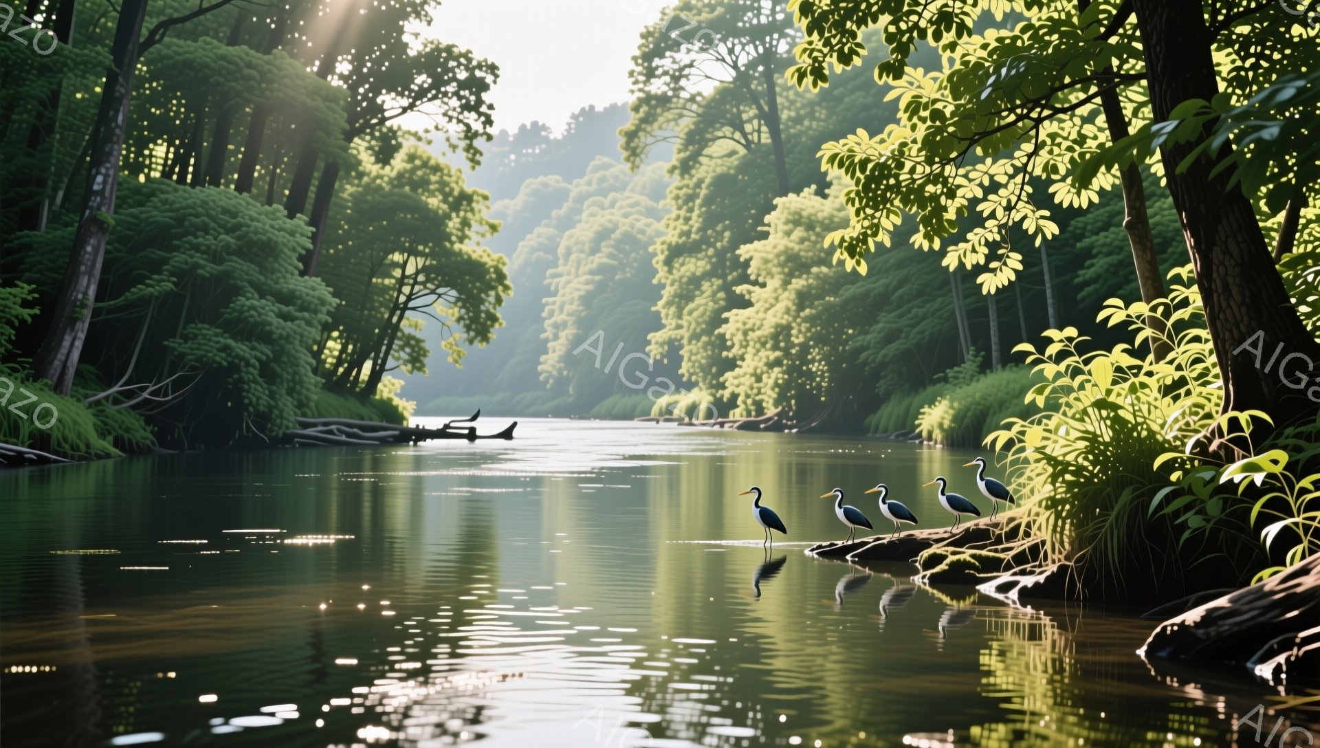 緑豊かな木々に囲まれた静かな川辺で、数羽のサギが丸太の上に集まっている。水面は穏やかで、周囲の緑を映し出し、まるで絵画のような美しい光景だ。太陽の光が差し込み、自然の温かさと平和な雰囲気を醸し出している。