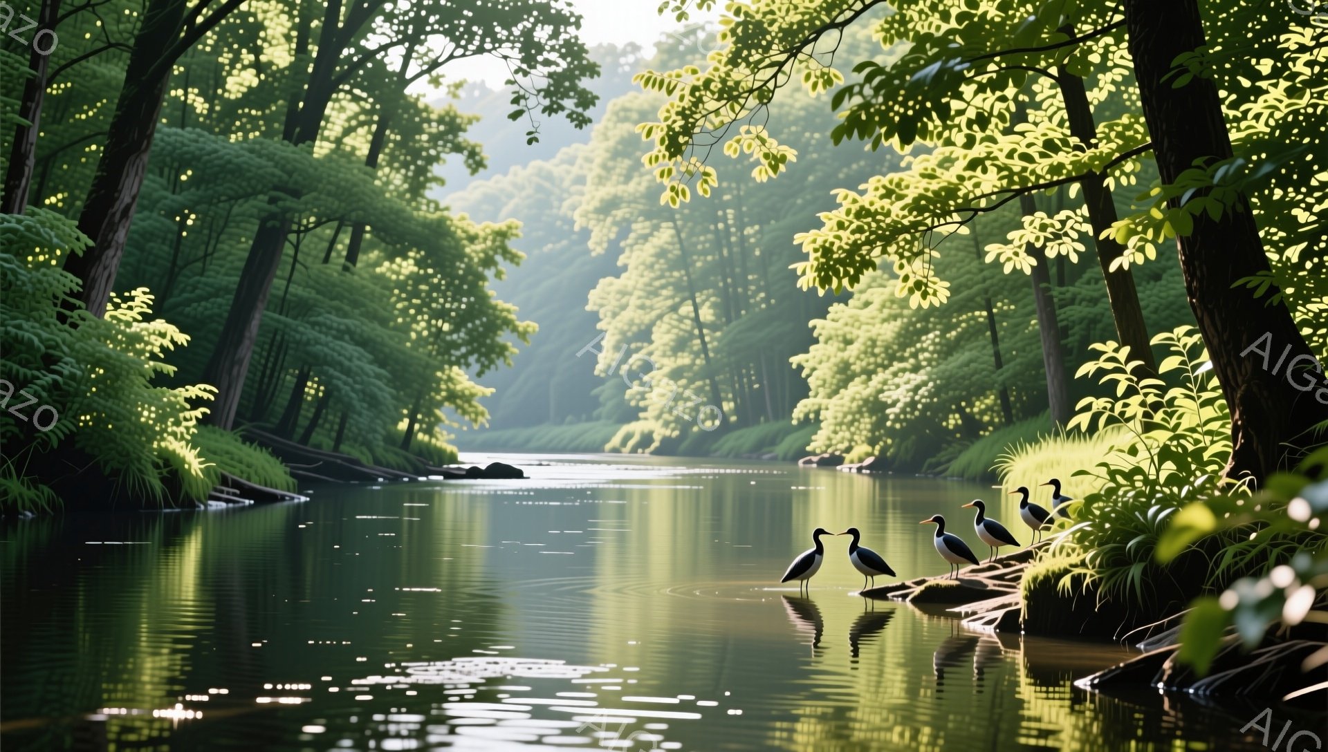 緑豊かな木々に囲まれた穏やかな川辺で、数羽の鳥が静かに佇んでいます。水面には木々や鳥が美しく反射し、幻想的な光景を作り出しています。穏やかな日差しと緑のコントラストが、安らぎと平和な雰囲気を醸し出しています。