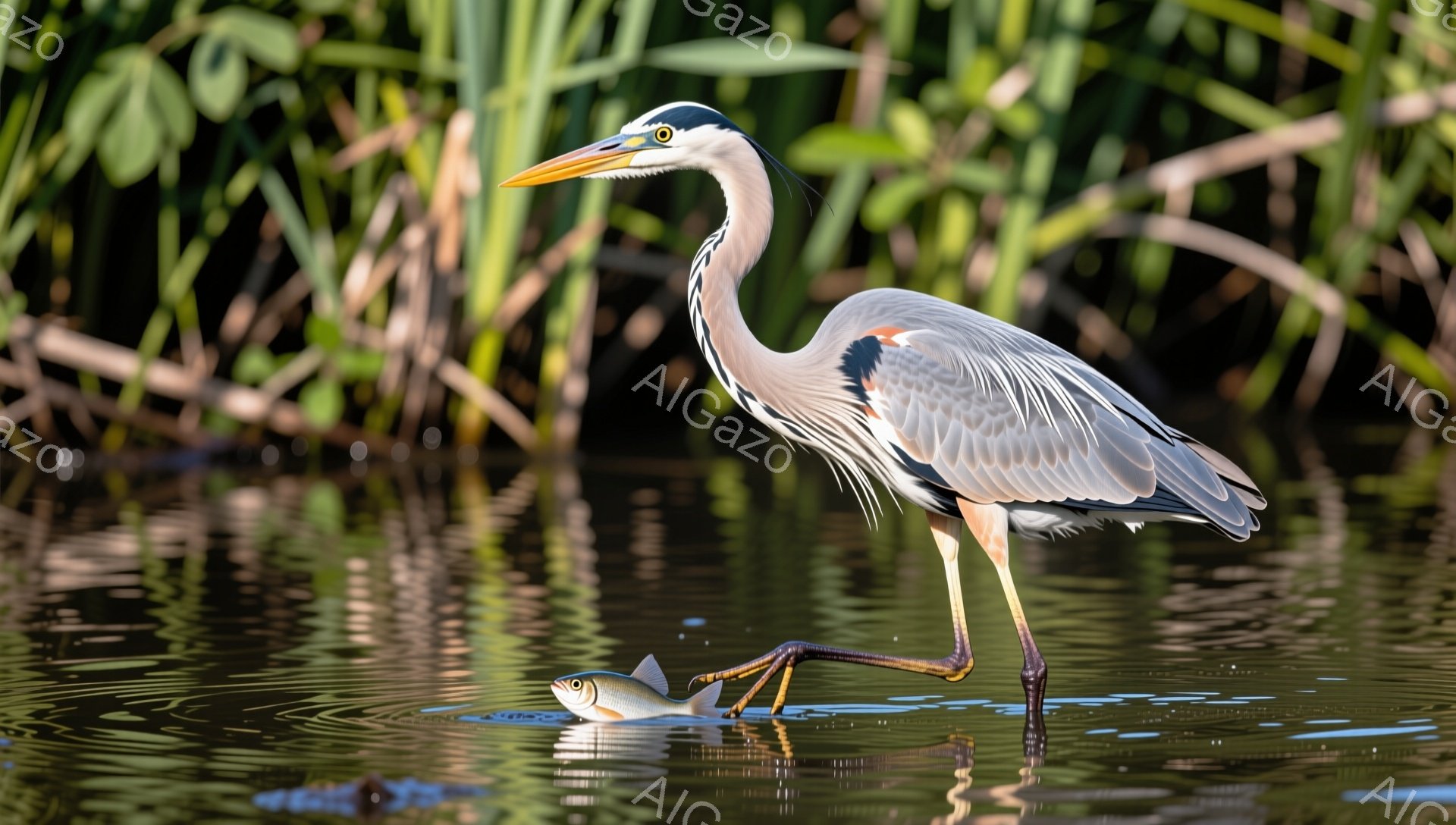 アオサギが水中で魚を捕らえようとしています。浅瀬で一脚立ちし、獲物を狙う姿は優雅で静かです。水面には太陽光が反射し、穏やかな雰囲気を醸し出しています。