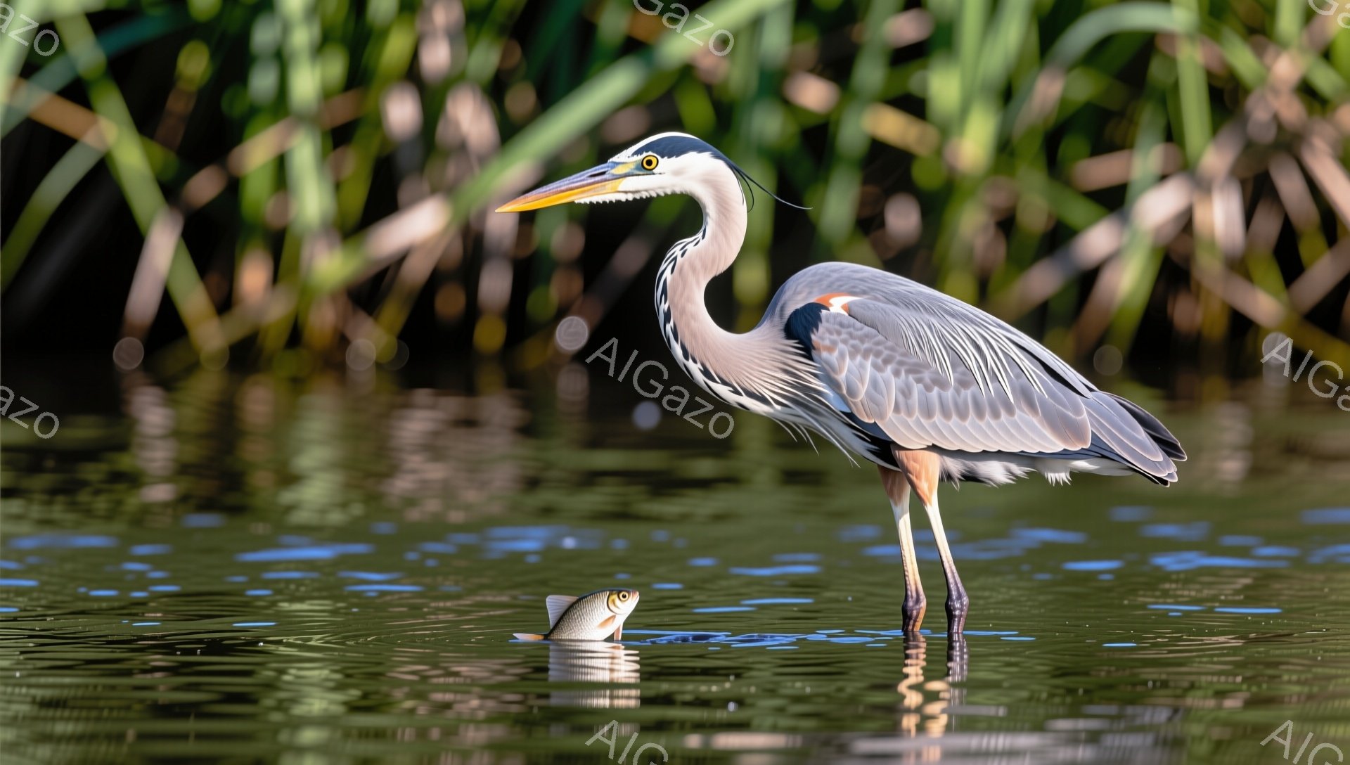 アオサギが水面に佇み、獲物を狙っている。水面には魚の姿が反射しており、アオサギの鋭い眼差しと相まって緊張感のある様子が伝わってくる。周囲の緑豊かな植物と水面の光の反射が、静かで美しい風景を作り出している。