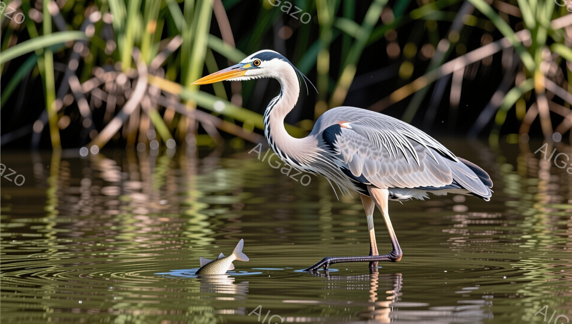 アオサギが水中で捕獲した魚をくわえています。背景には緑豊かな草が生い茂り、水面にはその姿が反射して穏やかな雰囲気を醸し出しています。水鳥は静かに立ち、獲物を満足げに見つめています。