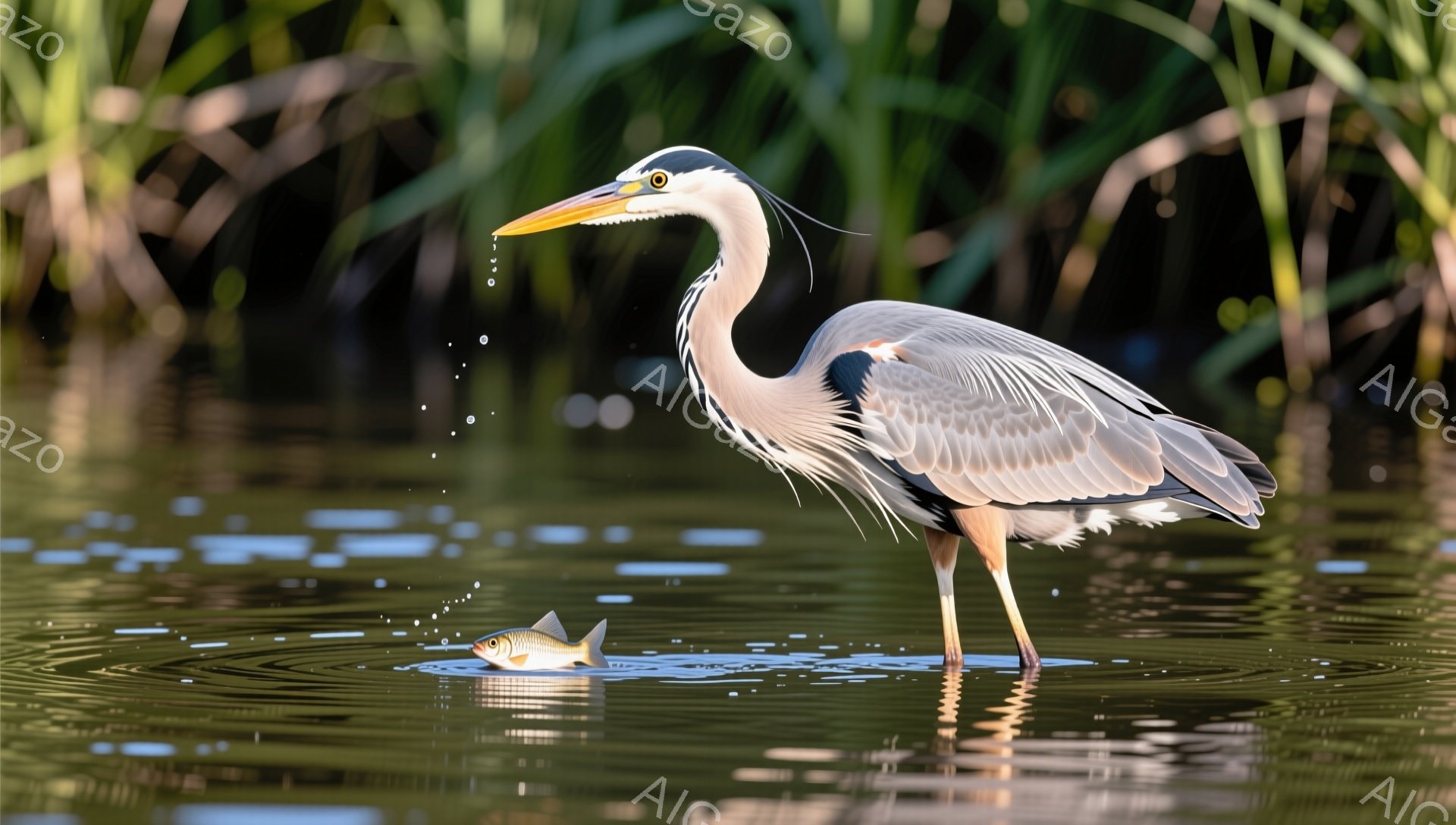 アマサギが水面を歩き、獲物の魚を咥えています。水面には波紋が広がり、周囲には緑豊かな植物が生い茂っています。穏やかな光が差し込み、静かで平和な雰囲気が漂っています。