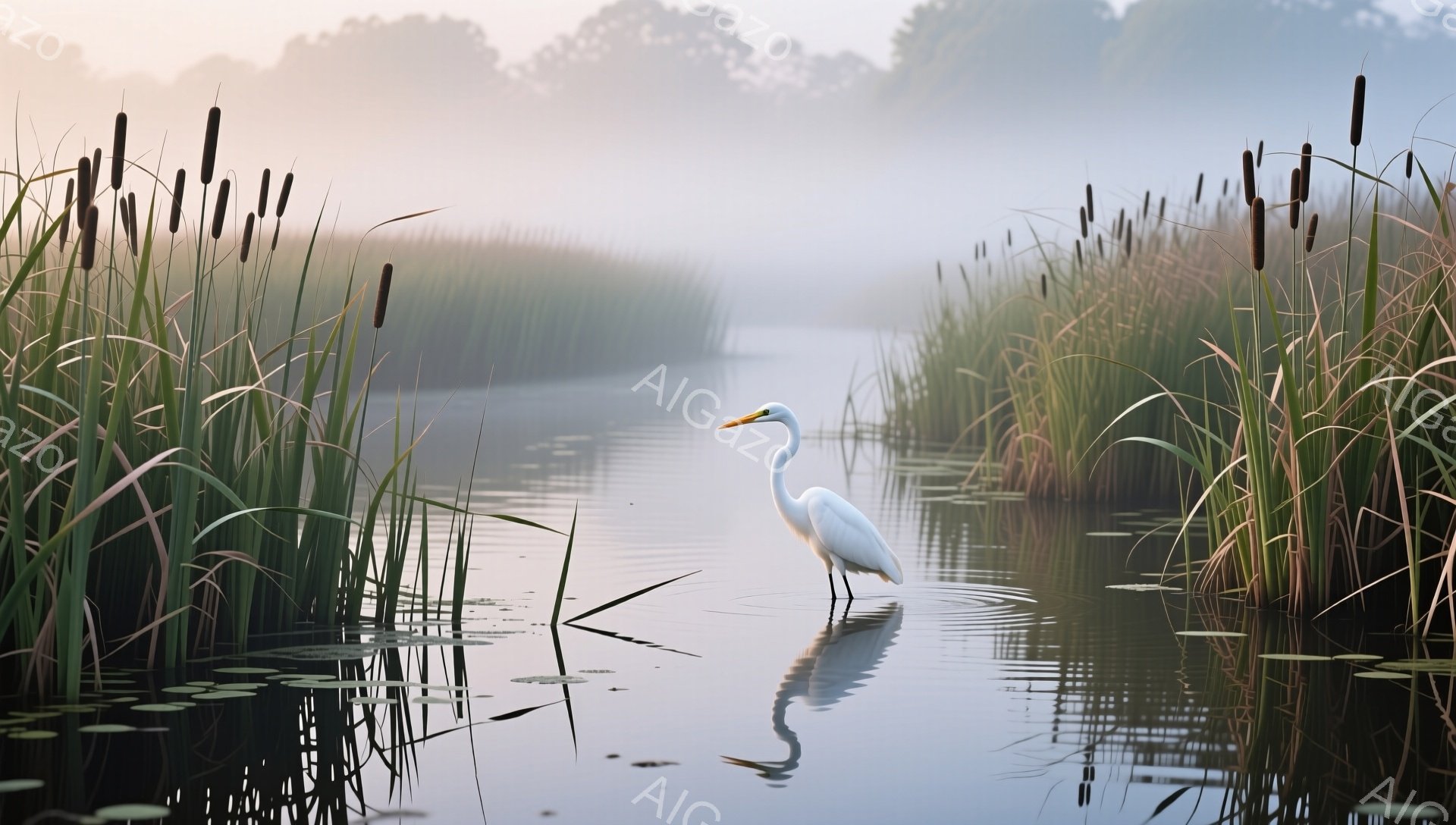 静かな水面に白いサギが立ち、その姿が水面に美しく映っている。背後には緑豊かな草が生い茂り、朝靄が立ち込めて幻想的な雰囲気を醸し出している。穏やかな朝の光が、自然の静けさと美しさを際立たせている。