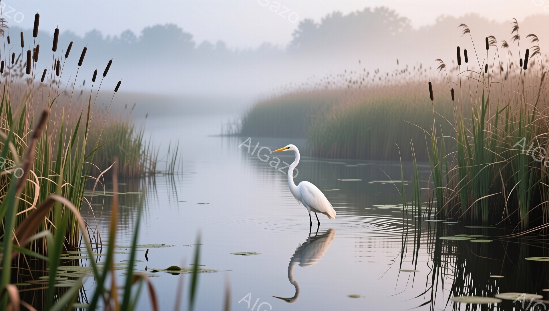 静かな湖で、白いサギが水面を歩いている。周囲には葦が生い茂り、朝霧が立ち込めている。水面に映るサギの姿は、幻想的で穏やかな雰囲気を醸し出している。