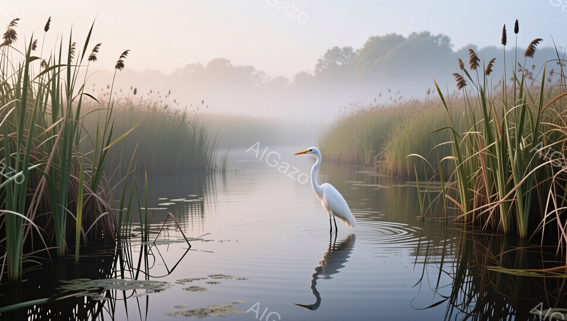 静かな水面に白いサギが立ち、その姿を水面に映している。周囲には背の高い草が生い茂り、朝霧が立ち込めて幻想的な雰囲気を醸し出している。水の色は穏やかで、自然の美しさを際立たせている。