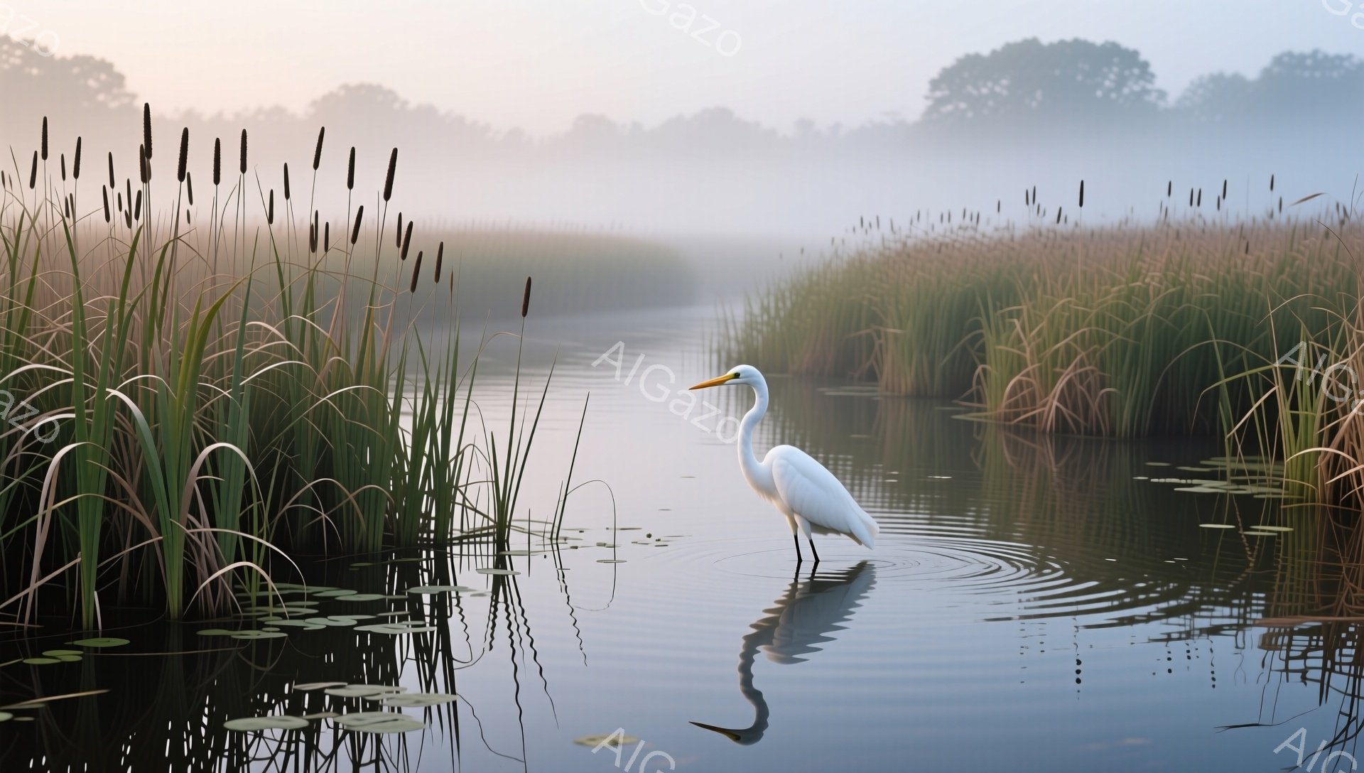 穏やかな水面を白鷺が優雅に歩いている。背の高い葦が生い茂り、朝霧が立ち込めて幻想的な雰囲気を醸し出している。水面に映る白鷺の姿が、静寂の中に美しさを添えている。