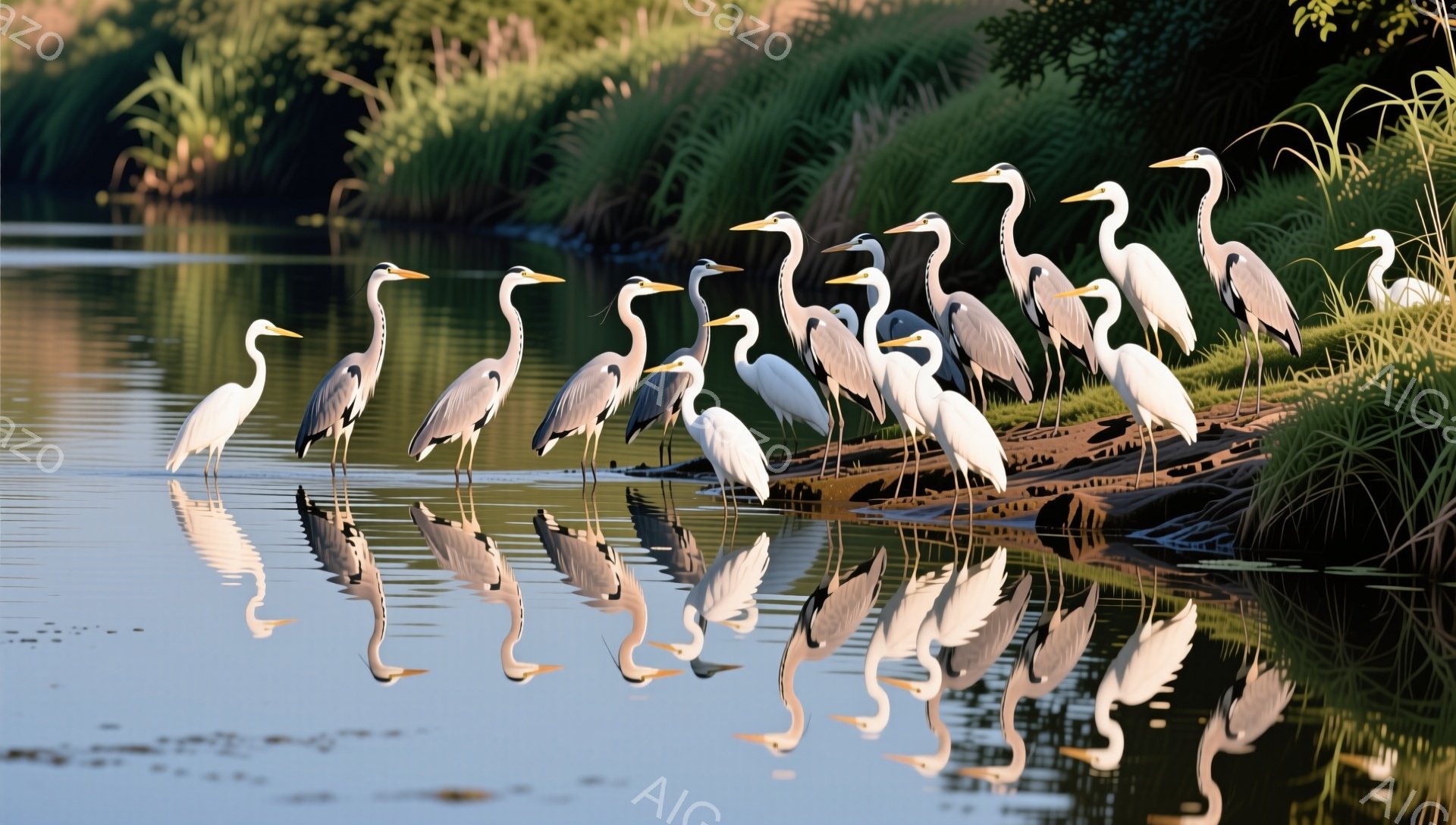 多数のサギが水辺に並び、その姿が水面に鮮やかに映り込んでいる。穏やかな水面と緑豊かな背景が、静かで平和な雰囲気を醸し出している。光の加減から、夕暮れ時または早朝であると推測される。