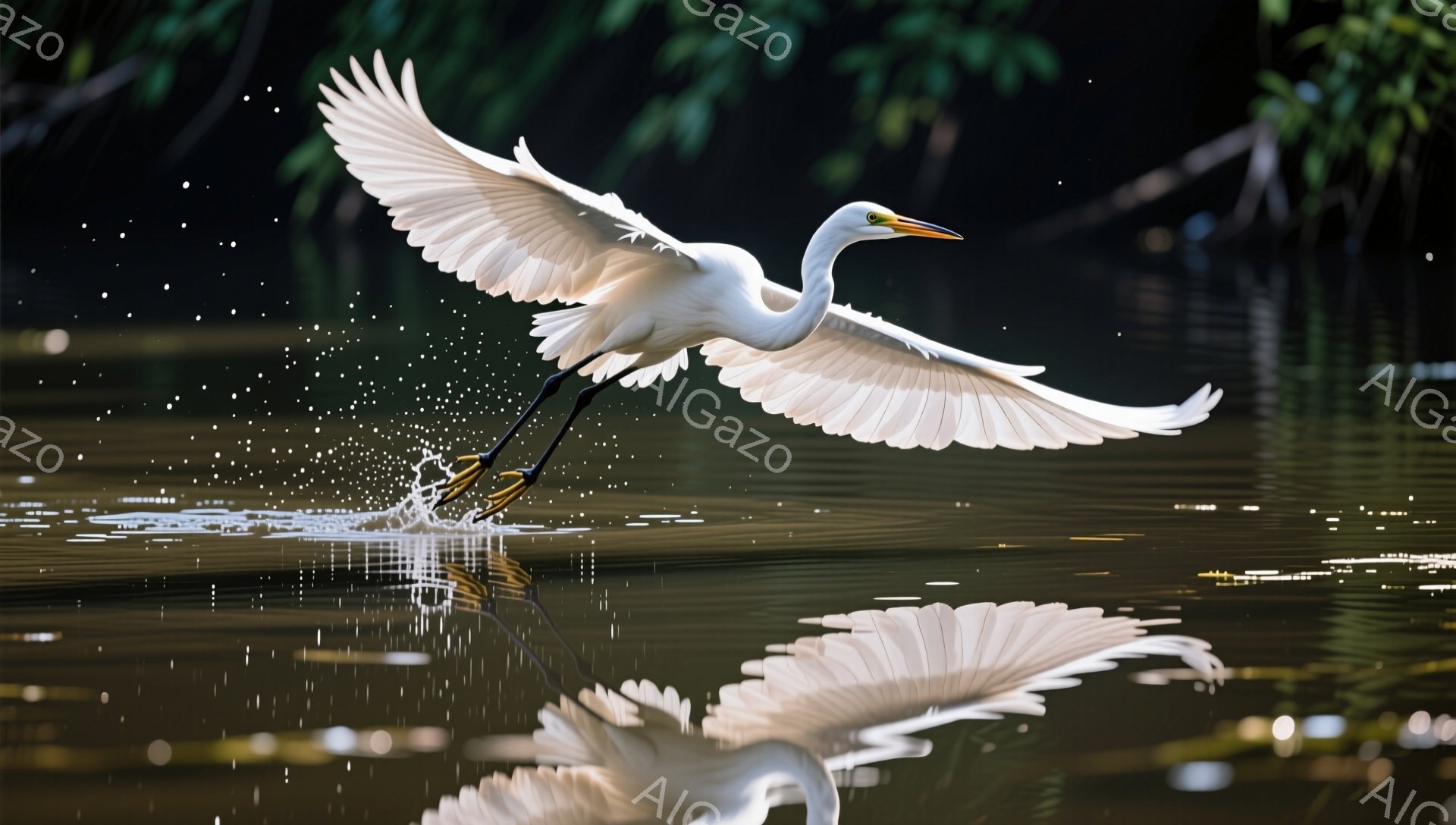 白いサギが水面を滑空し、水しぶきを上げています。羽を大きく広げ、足は水面近くまで伸び、飛翔の瞬間を捉えた躍動感あふれる一枚です。背景には緑豊かな植物がぼやけて見え、静かで穏やかな雰囲気を醸し出しています。