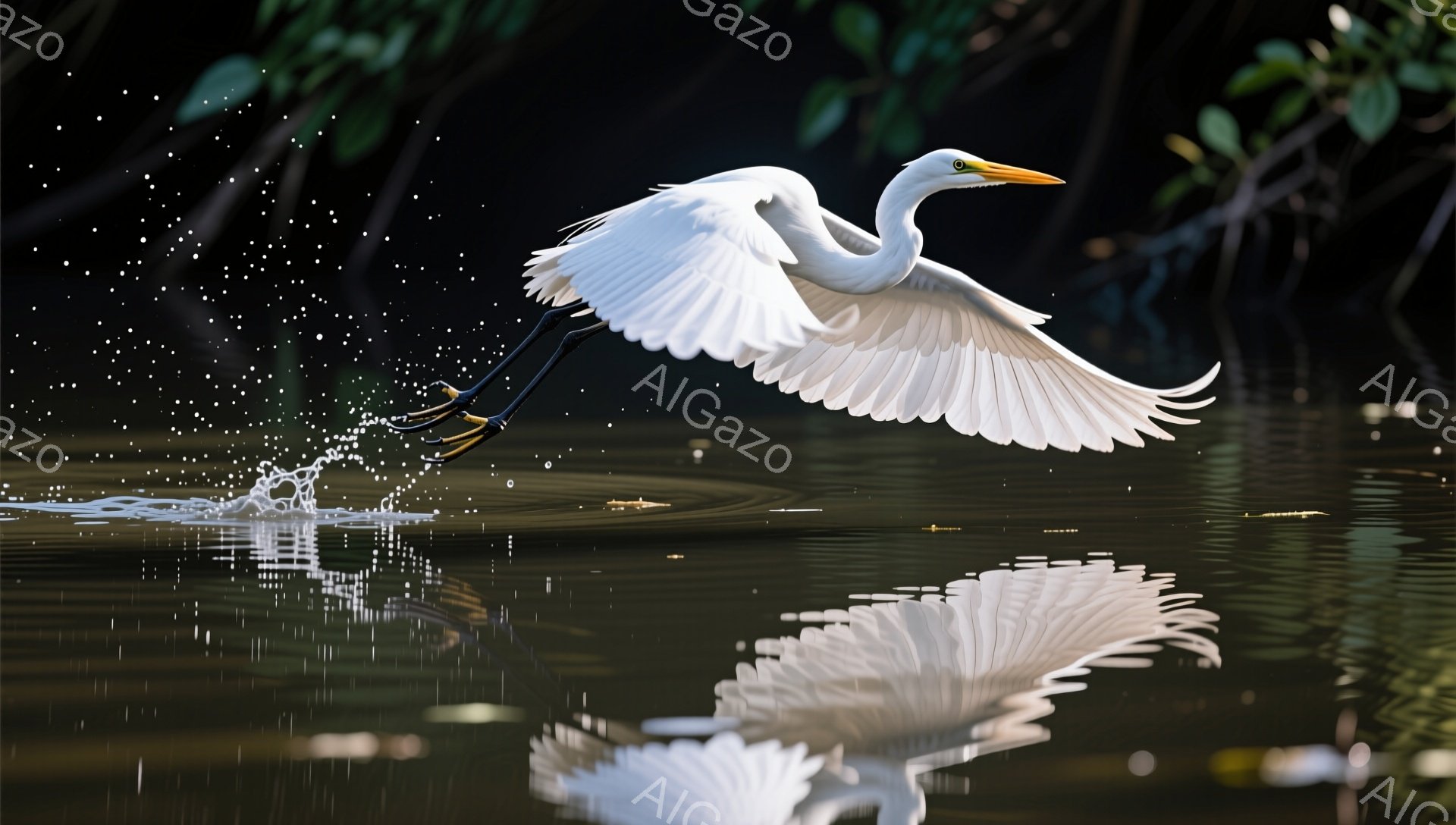 白いサギが水面を飛び、水しぶきが舞い上がっている。水面にはサギの鮮明な影が映り込み、周囲は緑豊かな植物に囲まれている。静かで穏やかな雰囲気で、自然の美しさが際立っている。