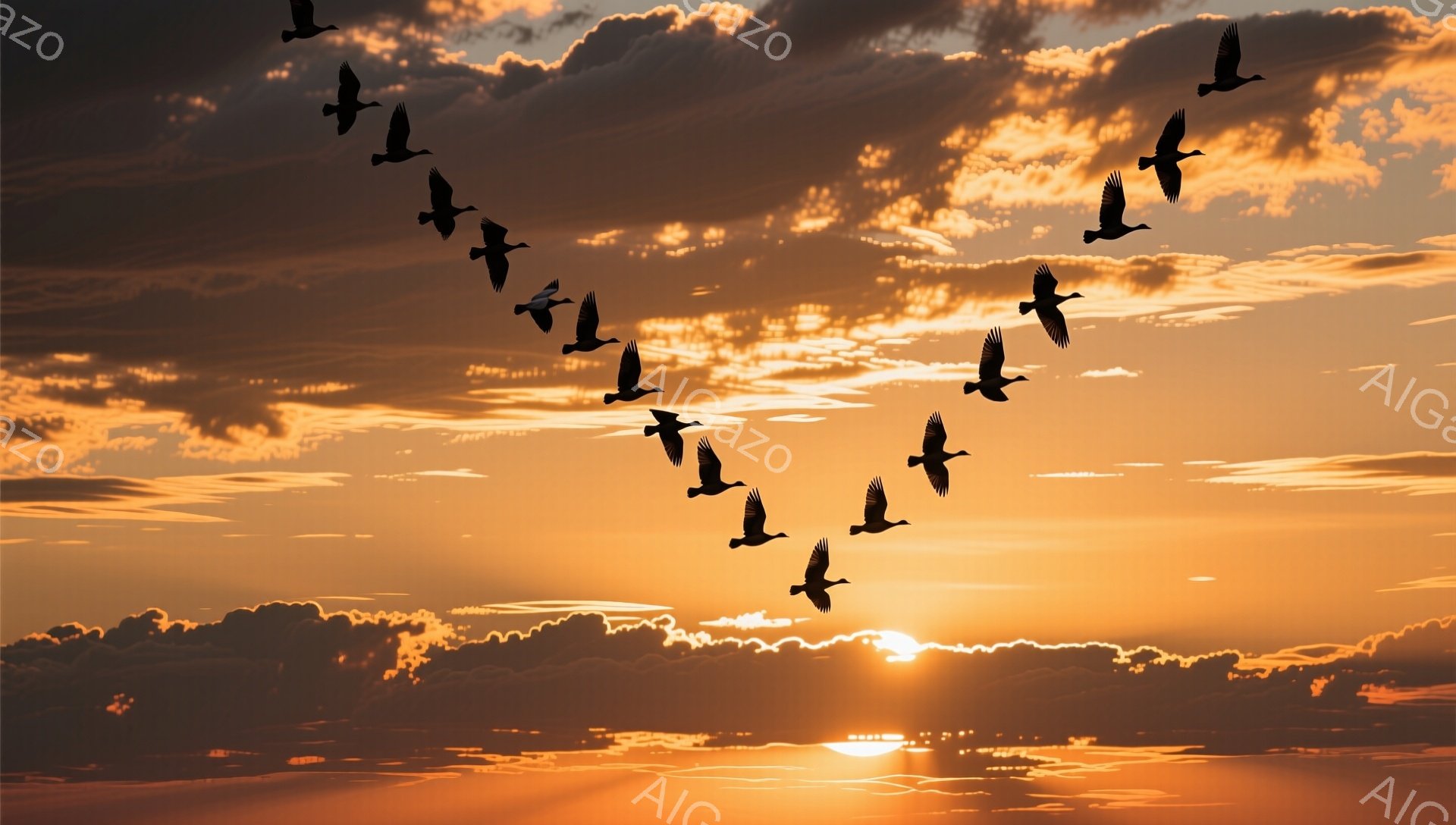 燃えるような夕焼け空を、V字型に並んだ鳥たちが飛んでいる。空はオレンジと赤のグラデーションで、雲の合間から強い光が差し込んでいる。静かで穏やかな雰囲気が感じられる、美しい風景だ。