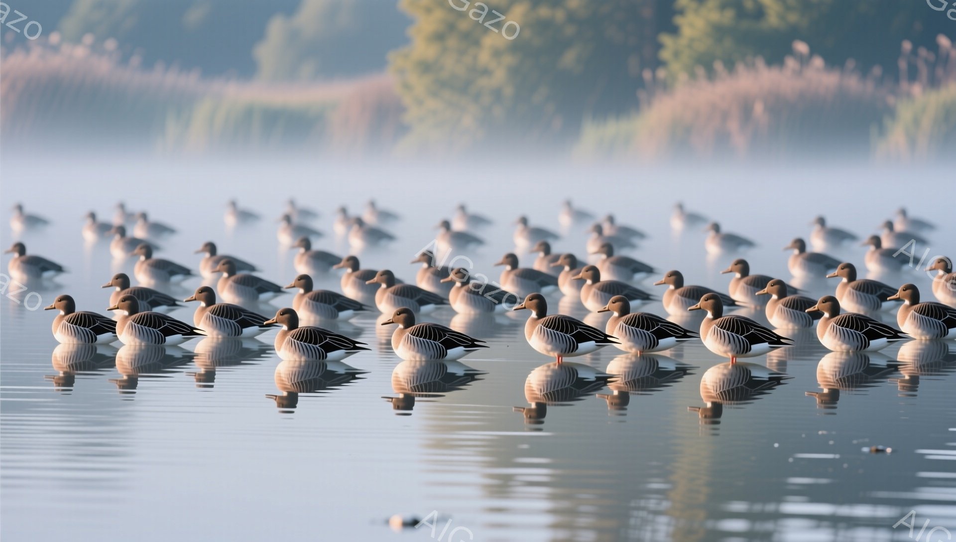 静かな水面に多数のカモが整然と並んでいます。水面にはカモの鮮明な影が映り込み、まるで鏡のように見えます。朝霧が立ち込め、穏やかで幻想的な雰囲気を醸し出しています。