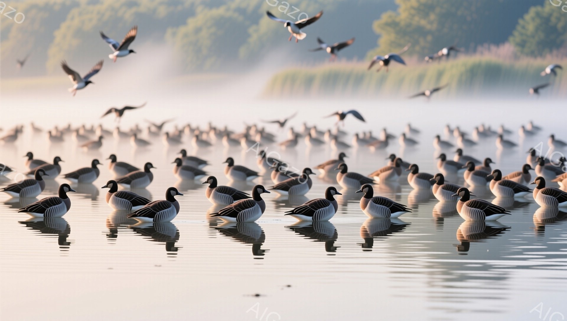 静かな湖面に多くの水鳥が浮かび、水面をゆったりと泳いでいる。朝の光が水面に反射し、靄がかかった幻想的な雰囲気を醸し出している。水鳥たちの姿は、平和で穏やかな自然の光景を表している。