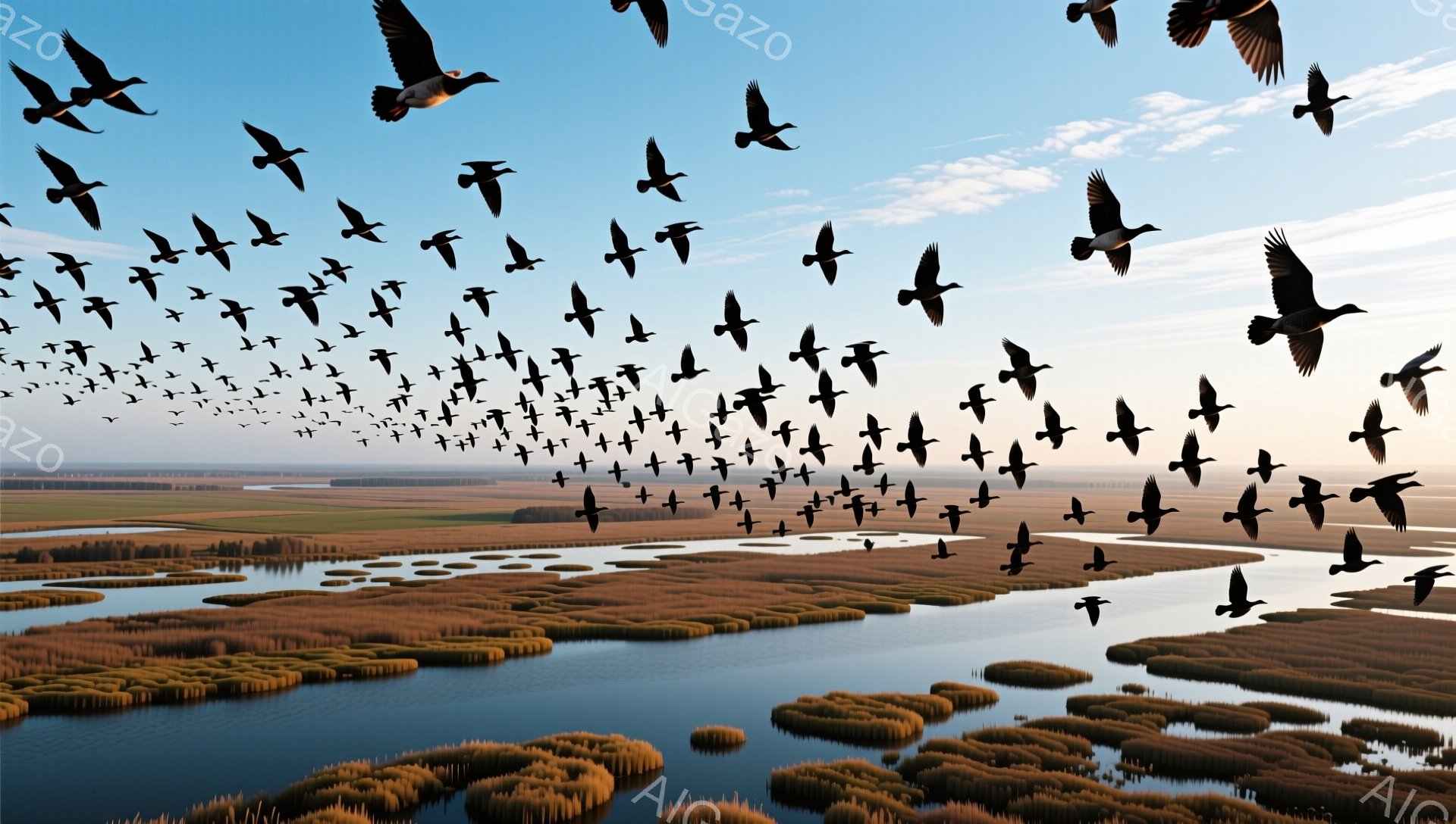 広大な湿地帯の上を、多数の鳥がV字編隊で飛んでいる。水面は穏やかで、朝日の光を反射し、周囲の草木を照らしている。静かで平和な自然の風景が広がっている。 - AI生成フリー素材