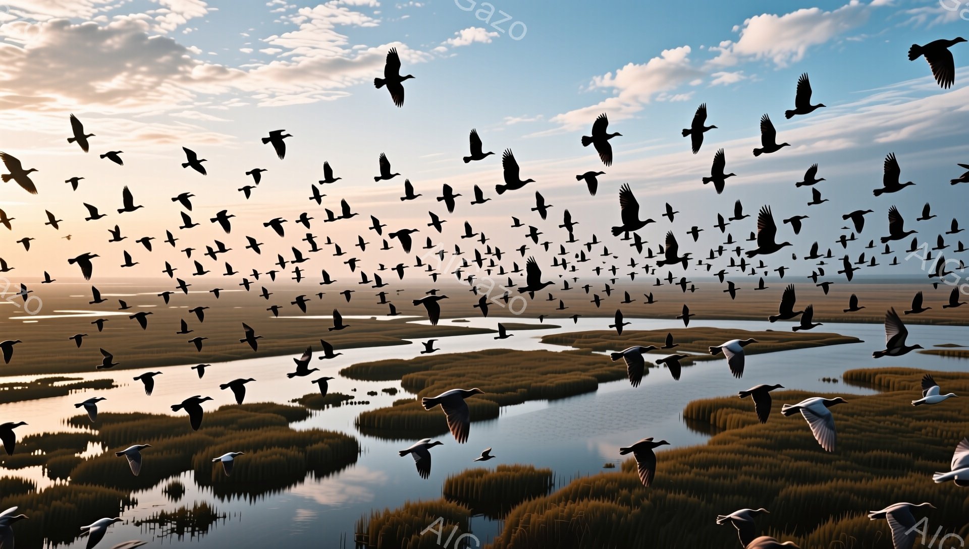 夕暮れ時の湿地帯を、無数の鳥たちが群れをなして飛んでいる。水面に映る鳥たちの影と、黄金色の空が美しい光景を作り出している。静寂と自然の力強さが感じられる。 - AI生成フリー素材