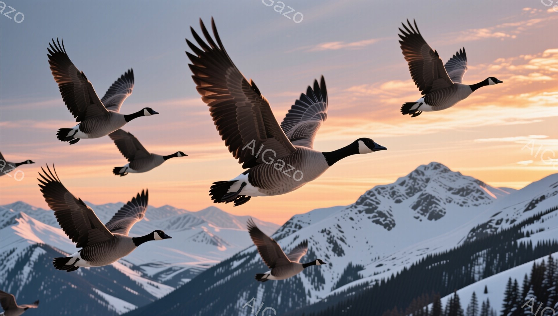 雪山を背景に、数羽のガンが夕焼け空を飛んでいる。オレンジとピンクの空が、雪の山々を照らし、穏やかで美しい雰囲気を醸し出している。ガンは翼を広げ、優雅に空を舞っている。