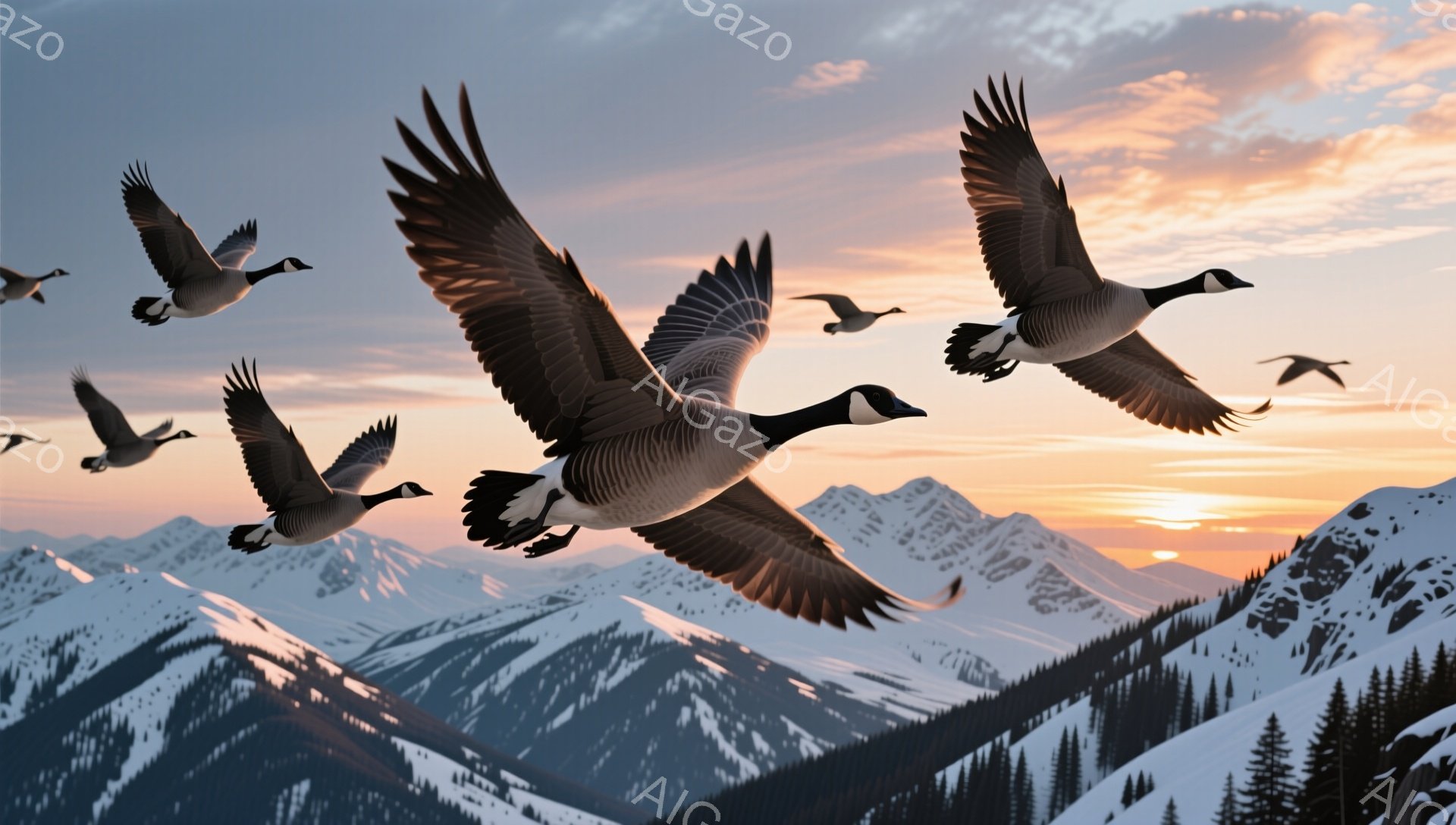 雪を抱く山々と、夕焼け空を飛ぶガチョウの群れが印象的な風景です。山の稜線は鋭く、雪に覆われた頂がオレンジ色の夕日に照らされています。空には、羽を広げて自由に舞うガチョウたちが、自然の雄大さを際立たせています。
