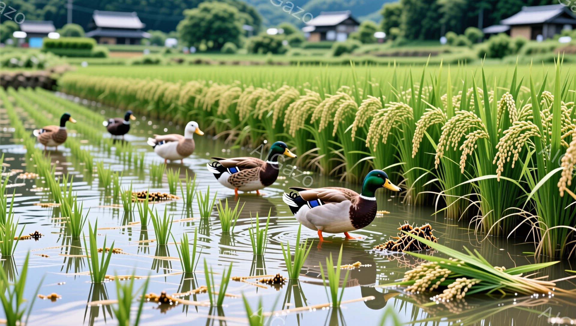稲穂が黄金色に輝く田んぼにアヒルたちが浮かんでいます。水面にはアヒルの姿が映り込み、自然豊かな風景を作り出しています。日本の田園風景を象徴するような、穏やかで美しい光景です。 - AI生成フリー素材
