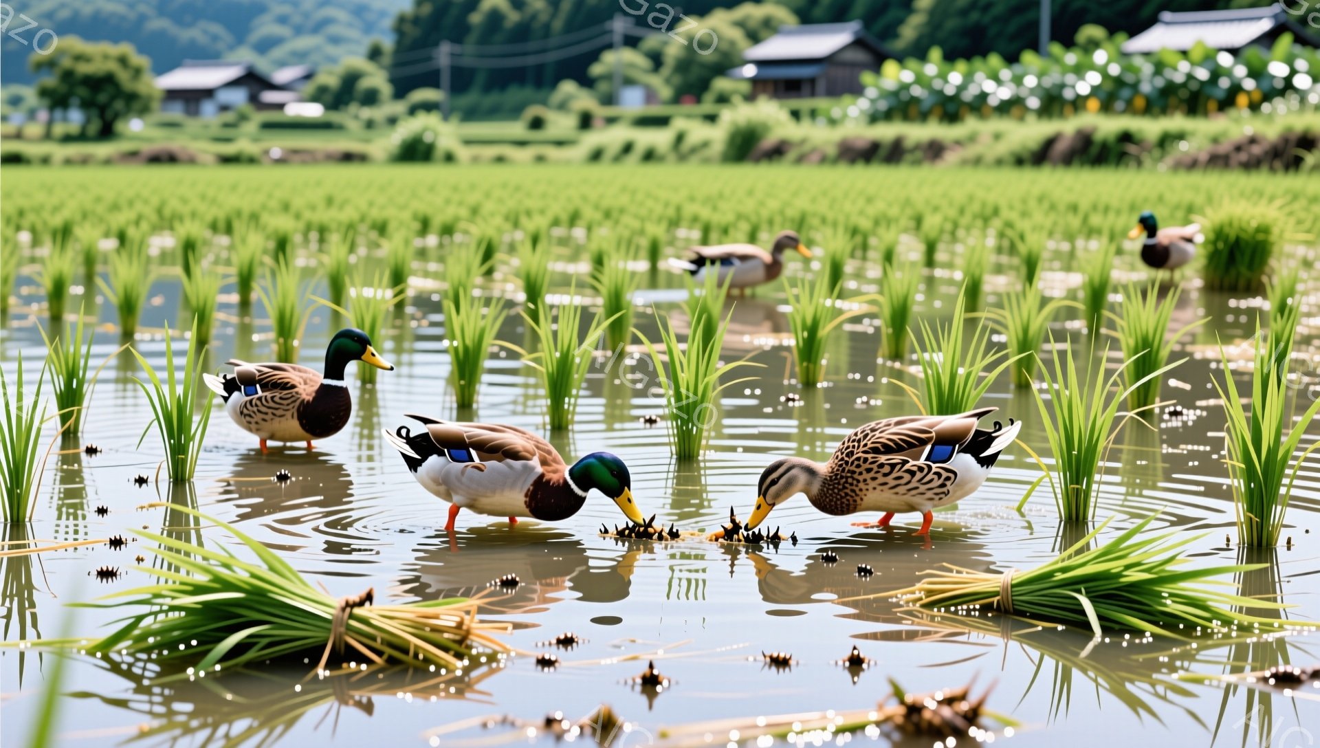 アヒルが水田で餌を探しています。緑豊かな田んぼと、背景にぼやけた農家が広がり、穏やかで平和な雰囲気です。水面に映るアヒルの姿が印象的です。 - AI生成フリー素材