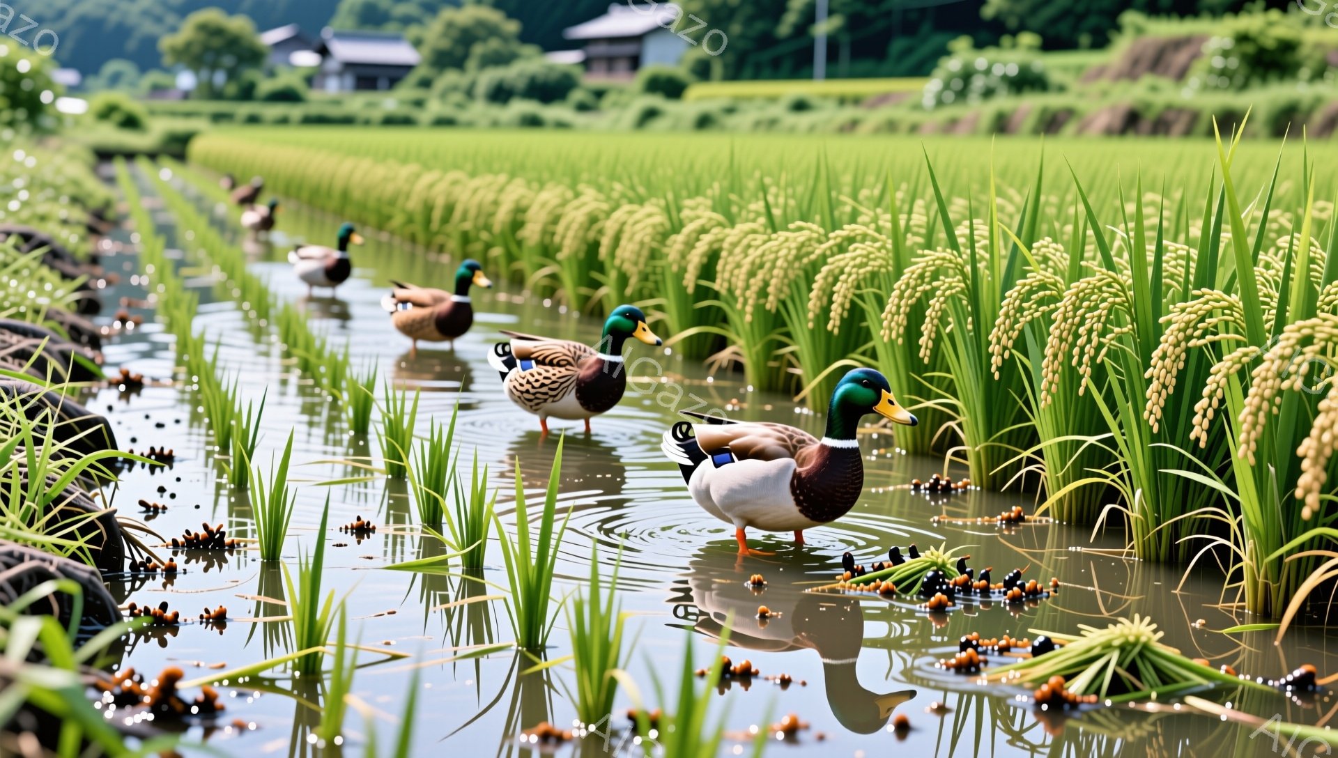 稲穂が実る田んぼの中をアヒルが泳いでいる。水面にはアヒルの姿が映り込み、周囲の緑とのコントラストが美しい。日本の田園風景を象徴するような、穏やかで平和な光景だ。 - AI生成フリー素材