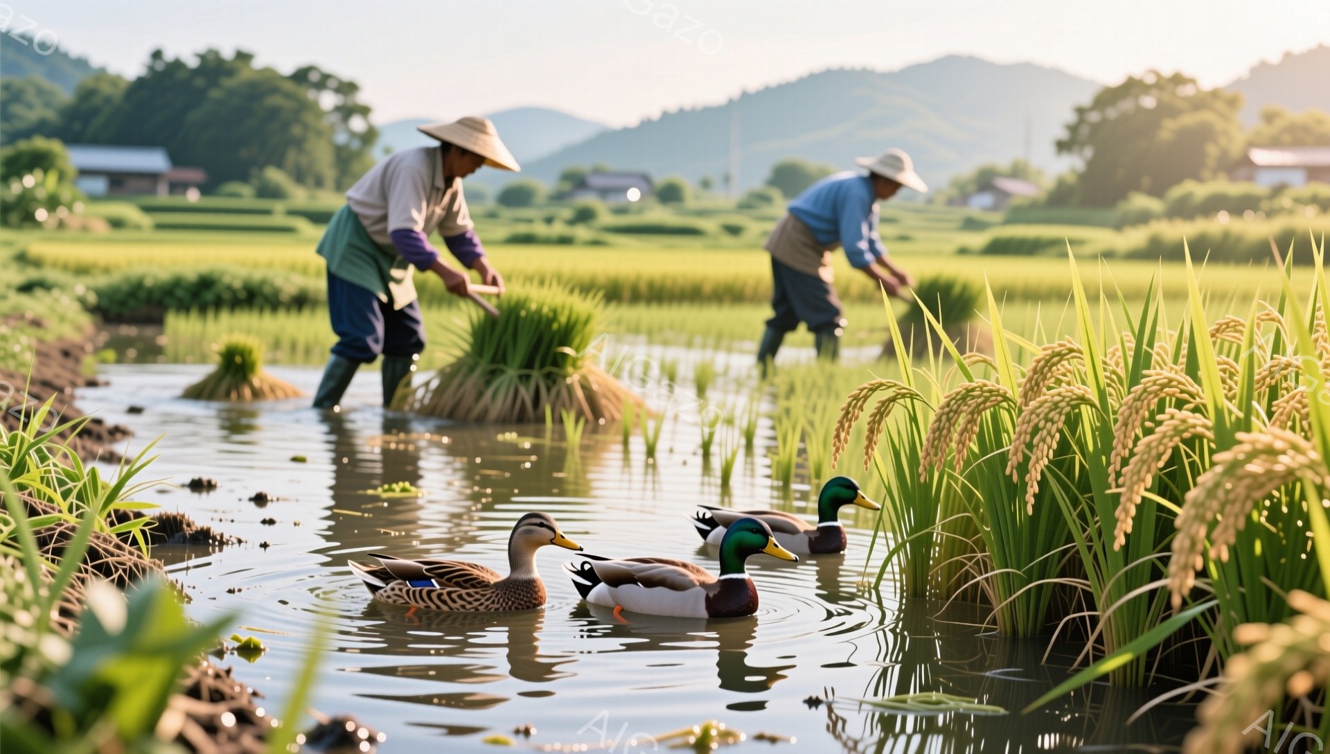 緑豊かな田んぼの中で、農家が苗を植えている様子が描かれています。彼らは麦わら帽子をかぶり、長靴を履いて田んぼに入り、真剣な表情で作業に取り組んでいます。アヒルが水面を漂い、静かで穏やかな田園風景が広がっています。
