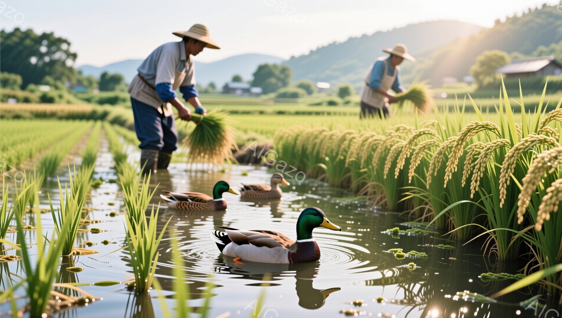 日焼けした肌に麦わら帽子をかぶった農家が水田で作業をしている。アヒルが水面を泳ぎ、黄金色の稲穂が背景を彩っている。穏やかな光が差し込み、日本の田園風景の平和な雰囲気を醸し出している。