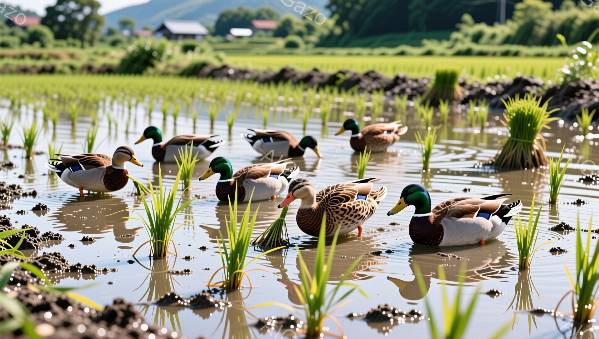澄んだ水田にアヒルたちが浮かんでいます。緑豊かな植物が生い茂り、背景には山々と農家が見えます。穏やかで平和な田園風景です。