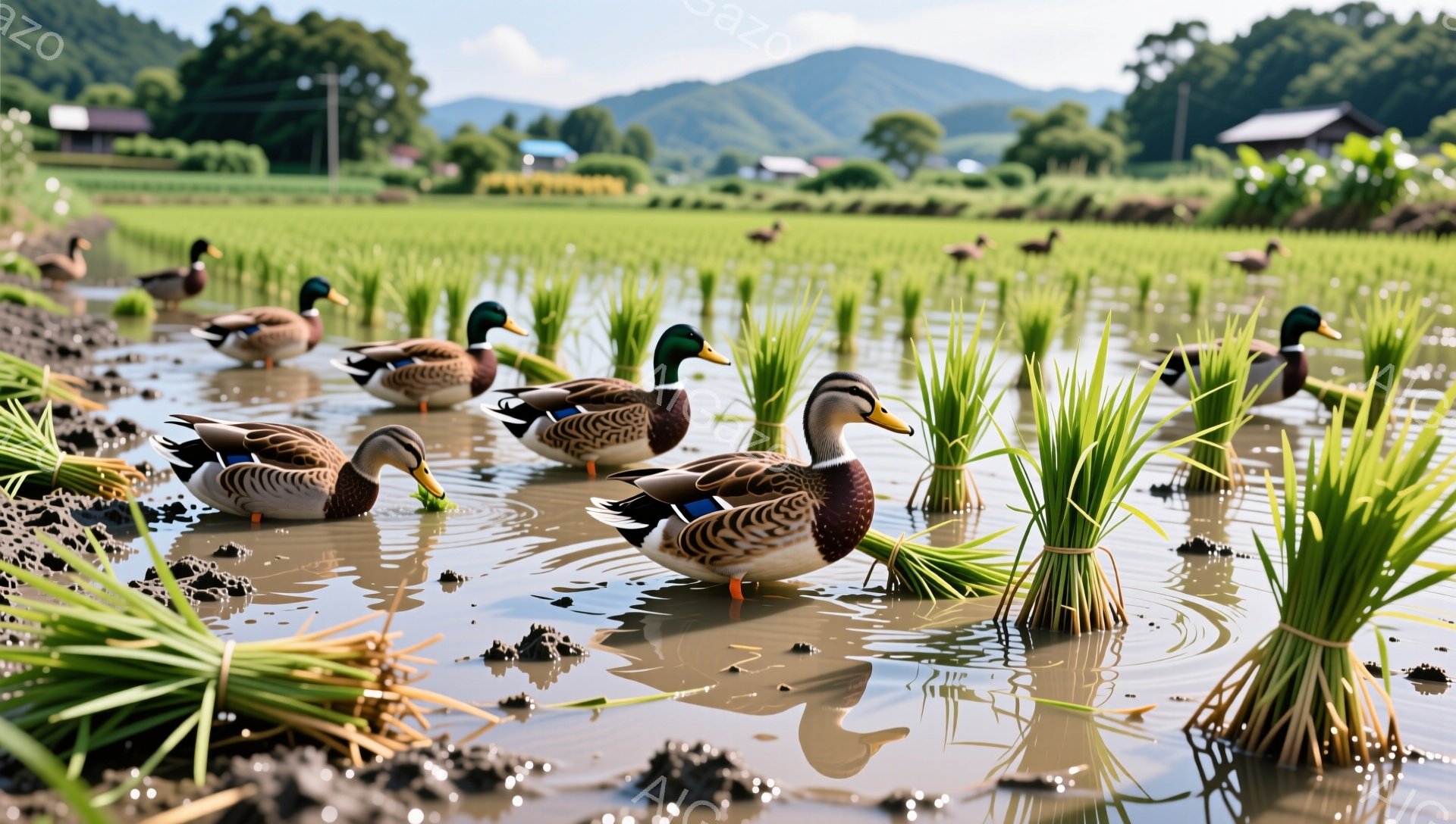 アヒルが田んぼの中で餌を探しています。緑豊かな田んぼと背景の山々が穏やかな風景を作り出しています。水面に映るアヒルの姿が、静かで平和な雰囲気を強調しています。
