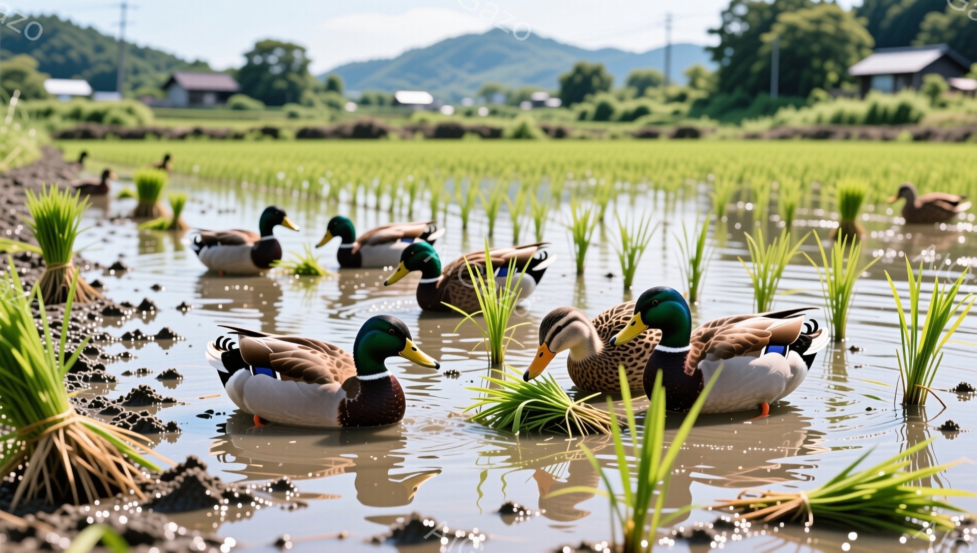 広大な田んぼで、マガモたちが水面を漂い、水草を食べている。太陽の光が水面に反射し、緑豊かな風景と調和して穏やかな雰囲気を醸し出している。背景には山々と農家が見え、日本の原風景を彷彿とさせる。