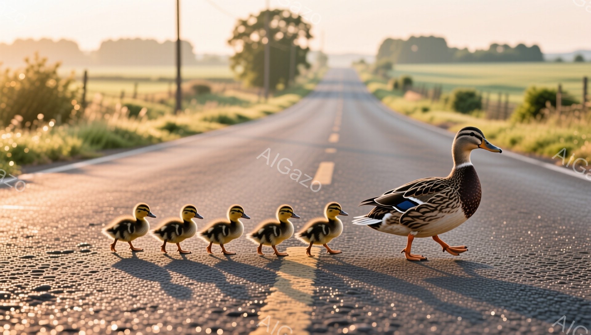 広々とした舗装された道路を、一列になってアヒルの家族が歩いている。母鴨は先頭を歩き、後ろには５羽の可愛らしいヒナたちがついていく。背景には緑の草原が広がり、穏やかな朝の光が差し込んでいる。