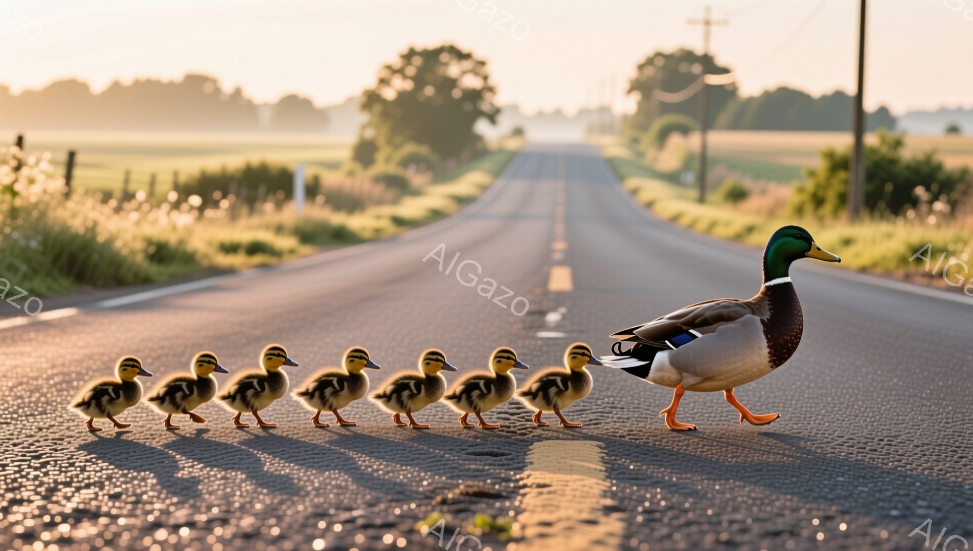 アヒルの母親が、小さなヒナたちを連れてアスファルトの道路を歩いている。太陽が昇る朝の穏やかな光が道路に差し込み、周囲の緑豊かな風景が広がっている。ヒナたちは母親の後ろに一列に並び、愛らしい姿を見せている。