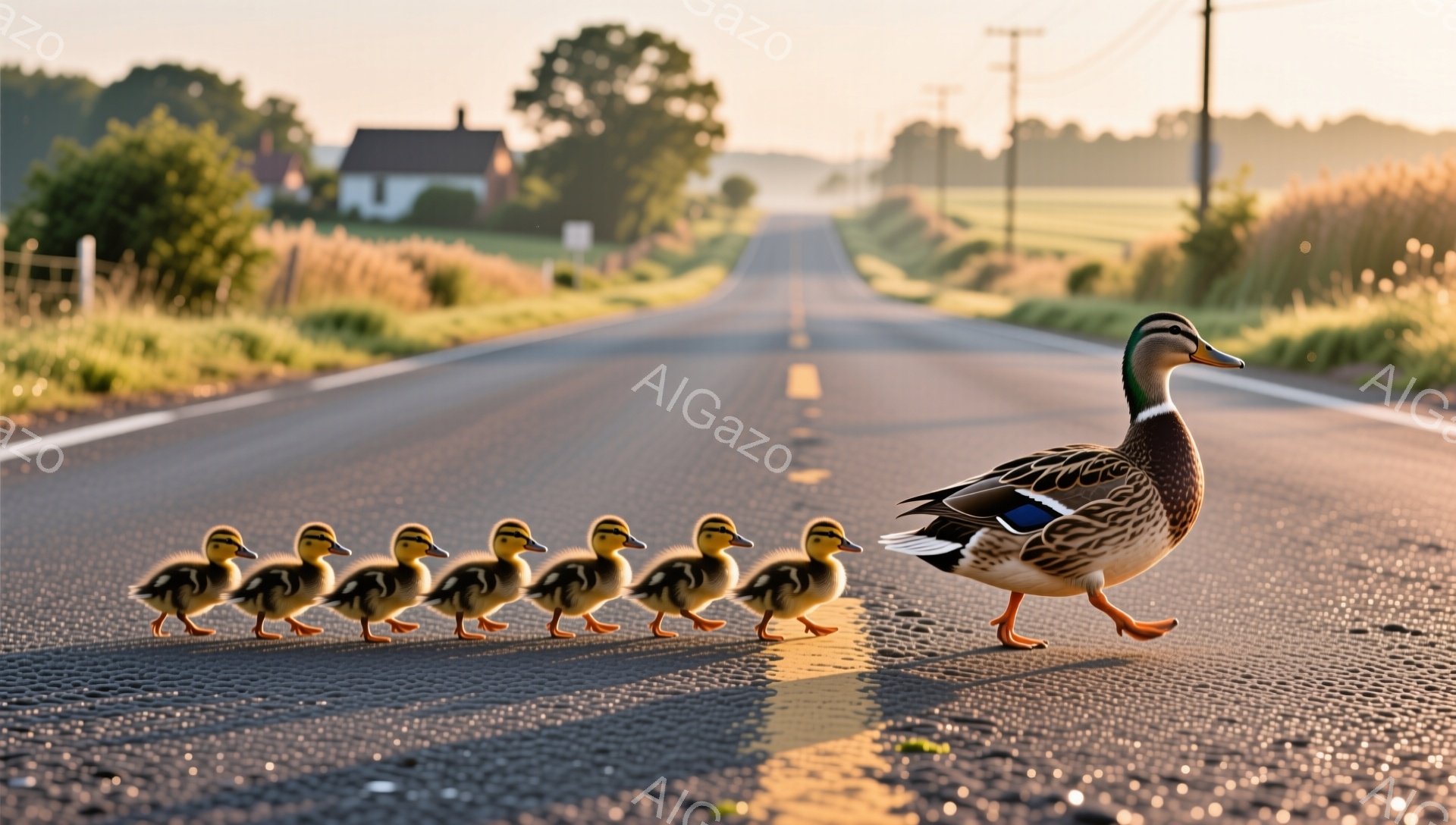 アヒルの母親が、小さなヒナたちを連れてアスファルトの道路を歩いている。夕焼けの光が道路に差し込み、暖かく穏やかな雰囲気を醸し出している。背景には緑豊かな草原と遠くの家々が見える。