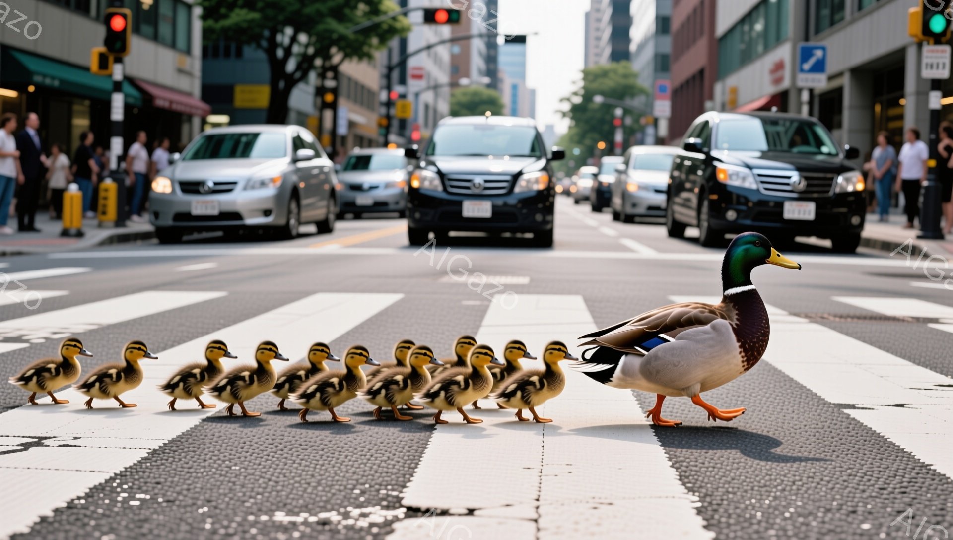 アヒルの母親が、雛を連れて横断歩道を渡っている。背景には車や歩行者が写っており、都会の風景の中で自然の光景が映し出されている。鮮やかな色彩と温かい光が、平和で心温まる雰囲気を醸し出している。