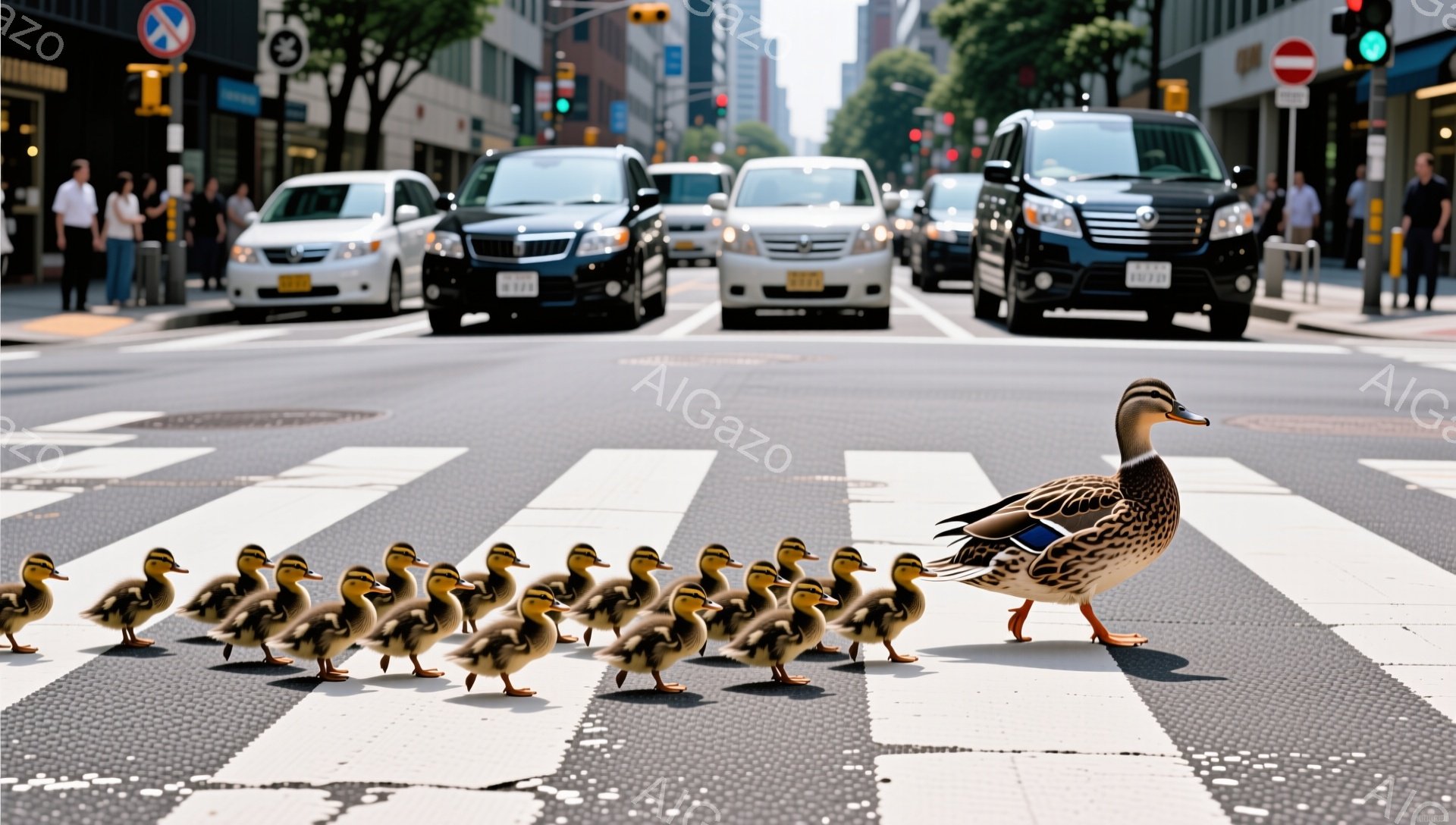 アヒル一匹が、たくさんの雛を連れて横断歩道を渡っています。背景には車や歩行者が写り、都会の賑やかな雰囲気が伝わってきます。愛らしい光景で、多くの人が微笑ましく感じていることでしょう。