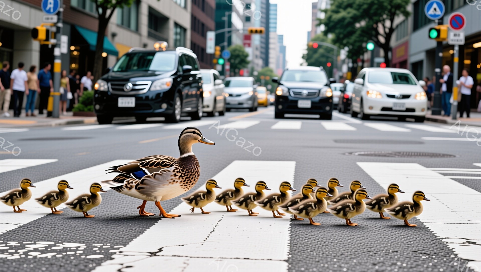アスファルトの横断歩道に、一列になってアヒルの母親と雛たちが歩いている。周囲には車や人が見え、都会の喧騒の中での珍しい光景である。明るい日差しが降り注ぎ、活気ある雰囲気が感じられる。
