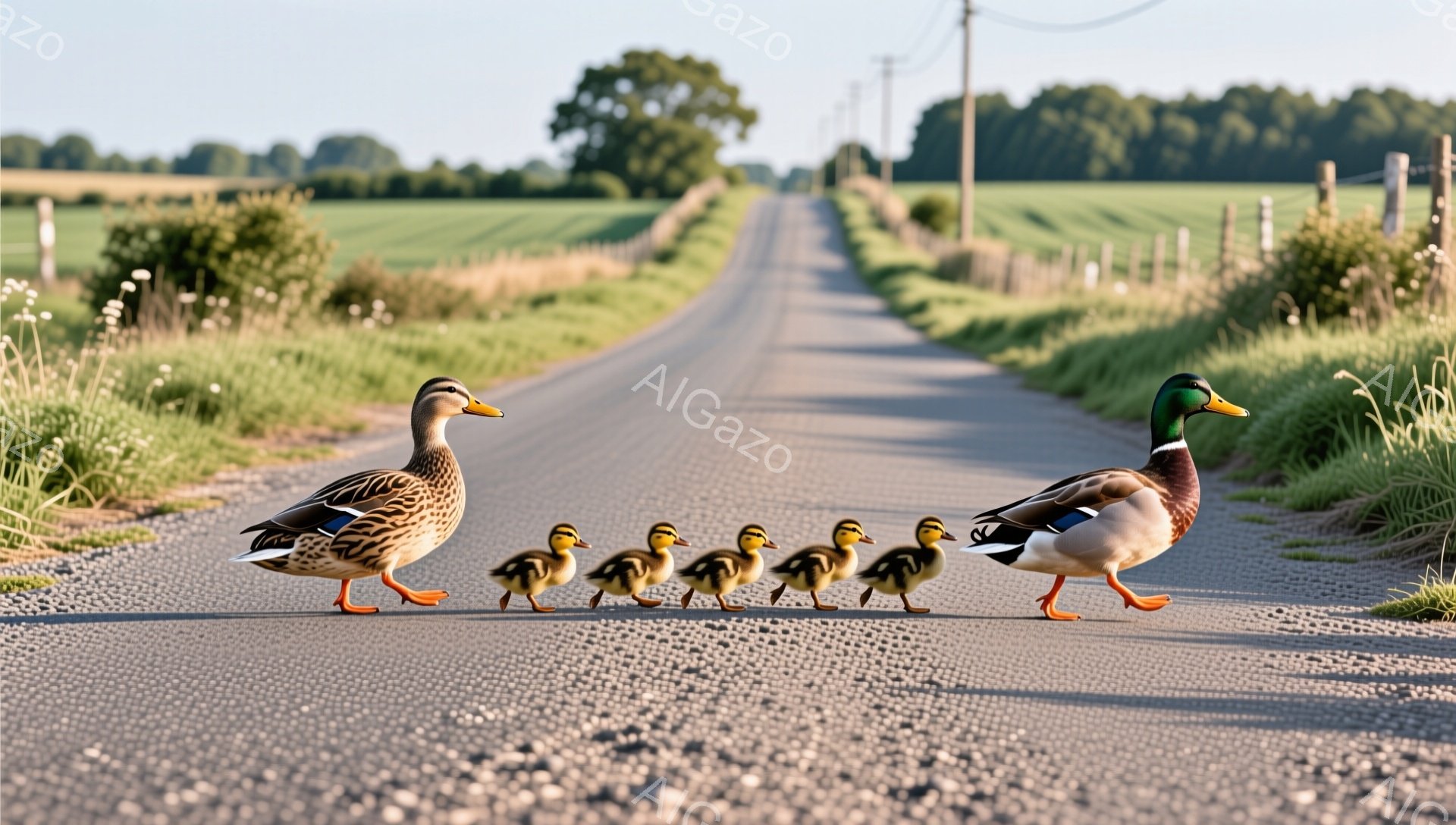 アヒルが一列になってアスファルトの道を進んでいる。親アヒルは先頭を歩き、その後に子アヒルたちが可愛らしくついていく姿が印象的だ。周囲は緑豊かな田園風景が広がり、平和な雰囲気が漂っている。 - AI生成フリー素材