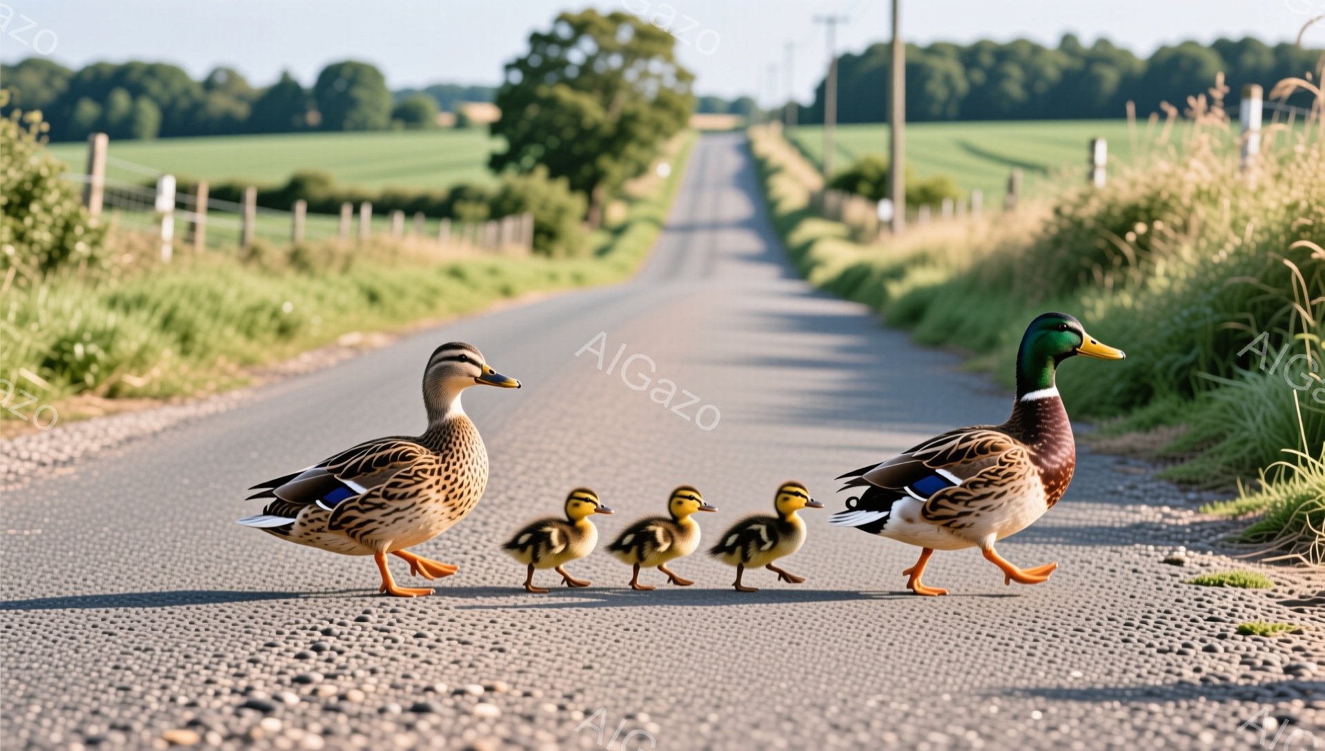 アヒルの母親と3匹の子アヒルが、田舎の道路を歩いている。緑豊かな草原と牧草地が背景に広がり、穏やかで平和な雰囲気を醸し出している。太陽の光が道路に差し込み、アヒルの影が長く伸びている。 - AI生成フリー素材
