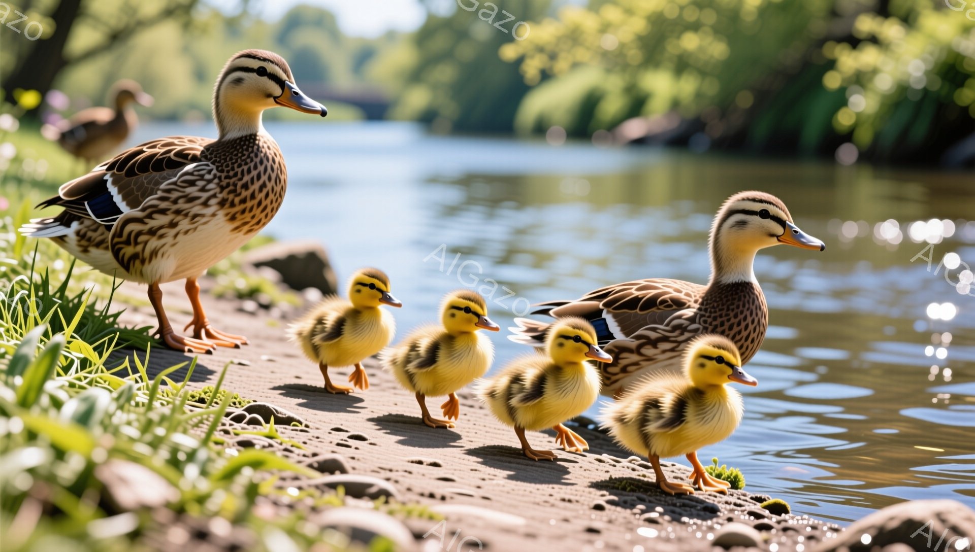 アヒルの母親がひな鳥たちを連れて土手の上を歩いている。緑の草が生い茂り、背景には穏やかな水面と木々が見える。太陽の光が暖かく、平和な雰囲気が漂っている。