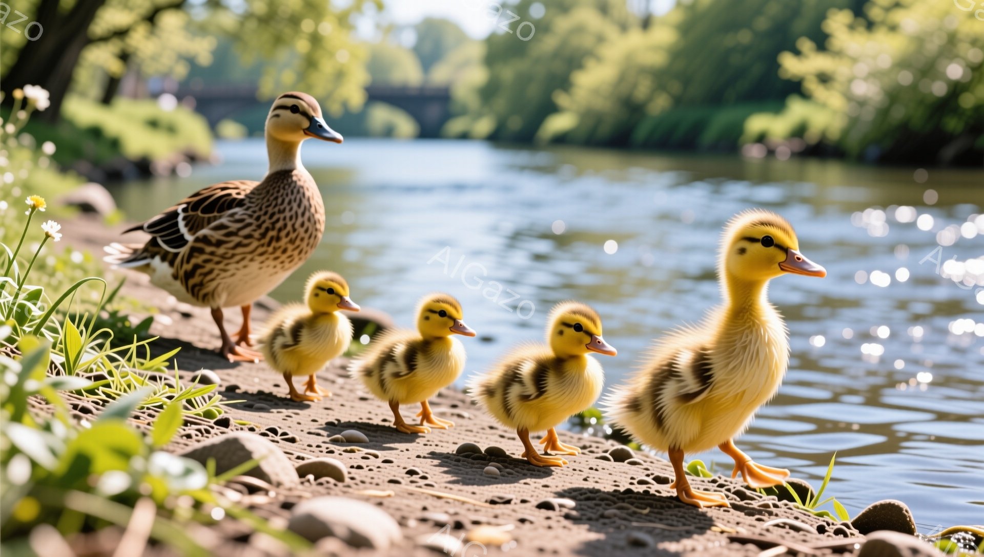 岸辺に母鴨と３羽の子鴨が並んで立っている。背景には穏やかな水面と緑豊かな風景が広がり、平和な雰囲気が漂っている。子鴨たちは黄色くてふわふわしており、可愛らしい姿を見せている。 - AI生成フリー素材