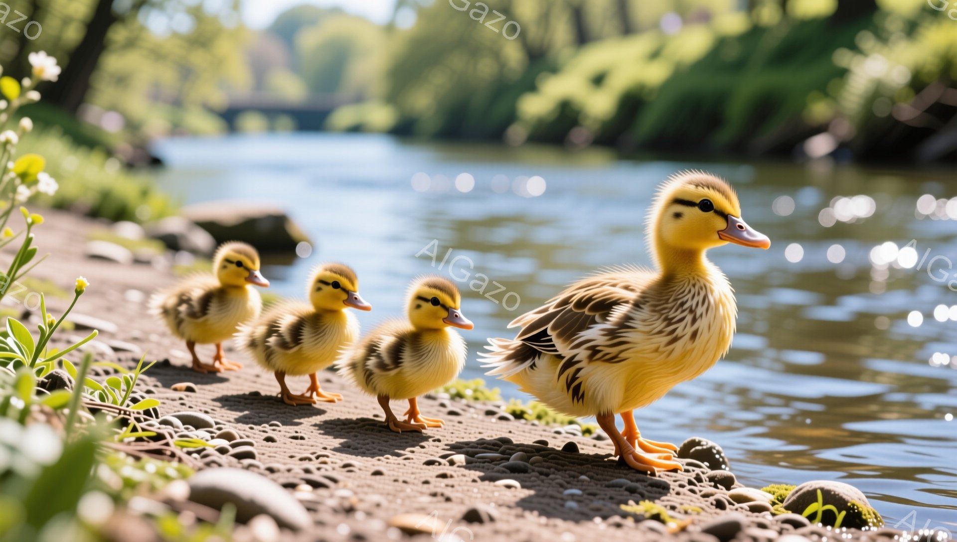 岩の多い川岸をアヒルの母親と子アヒルの列が歩いている。子アヒルのふわふわの黄色い羽毛と、母親の茶色と白のコントラストが目に留まる。背景には穏やかな水面と緑豊かな植生が見られ、平和な春の日の雰囲気を醸し出している。