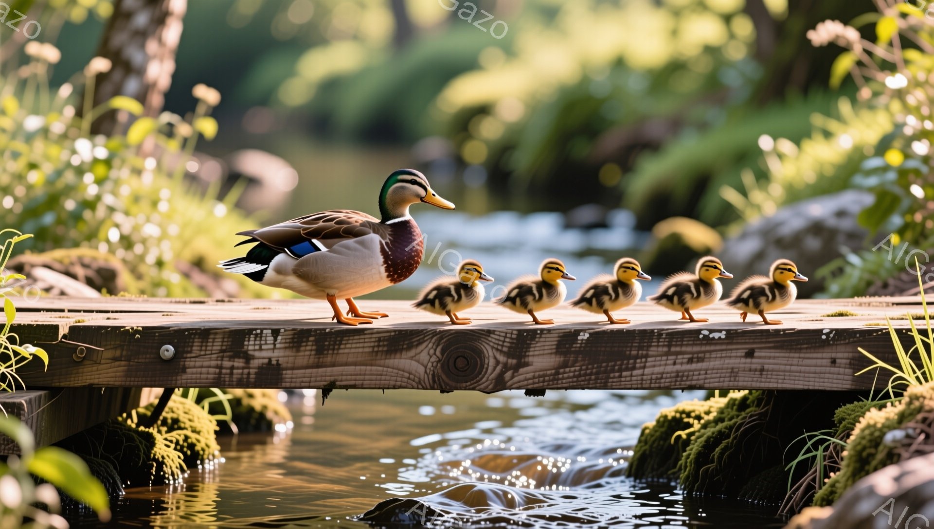 アヒルが子アヒルたちを連れて木製の橋の上を歩いている。光が差し込み、水面はきらきらと輝き、背景には緑豊かな植物が見える。穏やかで温かい雰囲気の自然の光景だ。