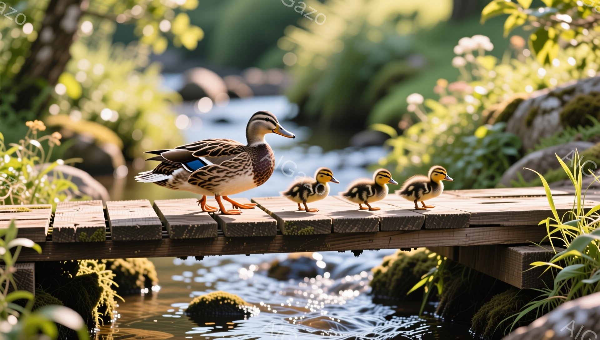 アヒルが子アヒルたちを連れて、苔むした橋の上を歩いている。暖かく穏やかな光が差し込み、緑豊かな背景が、家族の愛情深い雰囲気を強調している。水面は穏やかで、背景の緑と調和し、平和な情景を作り出している。