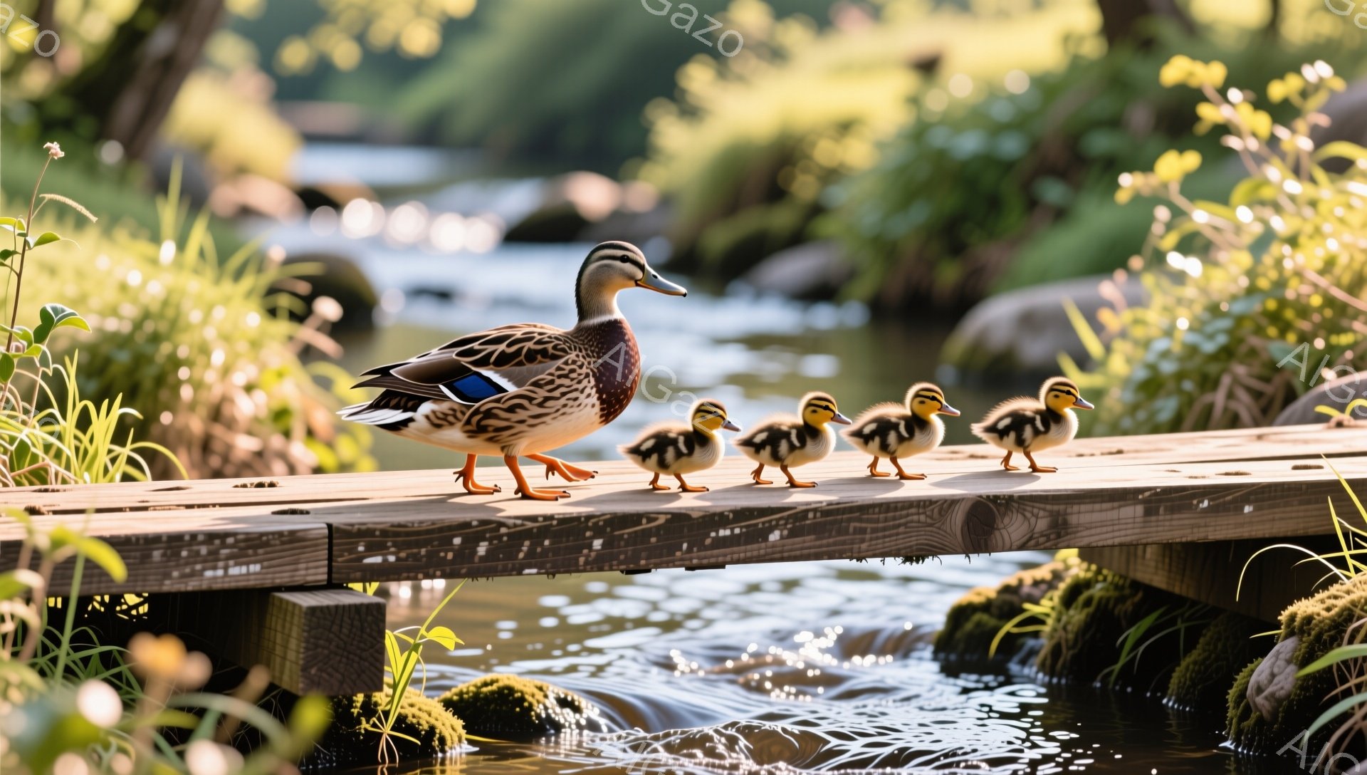 アヒルが子アヒルを連れて木製の橋の上を歩いている。背景には緑豊かな植物と水の流れがあり、穏やかで平和な雰囲気が漂っている。太陽の光が差し込み、暖かく優しい光がアヒルたちを照らしている。