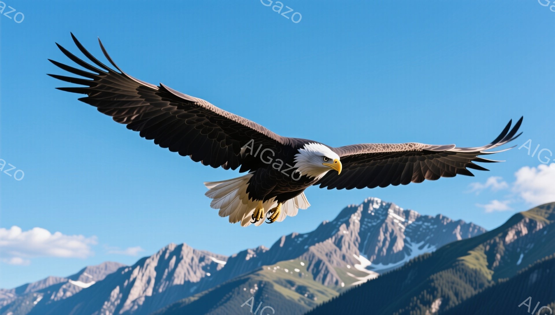 広大な山々と青い空を背景に、白頭ハゲワシが翼を広げて飛んでいる。その姿は力強く、自由な雰囲気を醸し出している。雪を抱いた山々は雄大で、自然の厳しさと美しさが感じられる。 - AI生成フリー素材