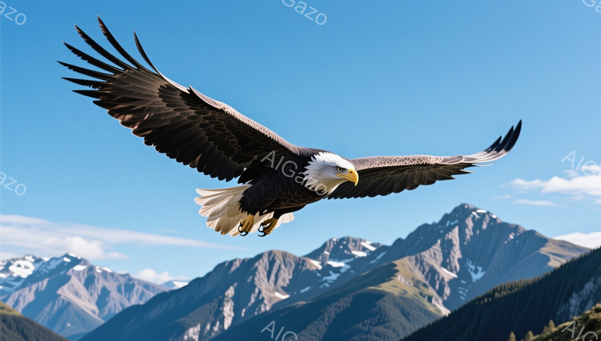空を飛ぶアメリカワシが映し出されている。背景には雪をかぶった山々が連なり、鮮やかな青空とワシの力強い翼が印象的だ。雄大な自然の中で自由気ままに舞うワシの姿は、力強さと美しさを感じさせる。