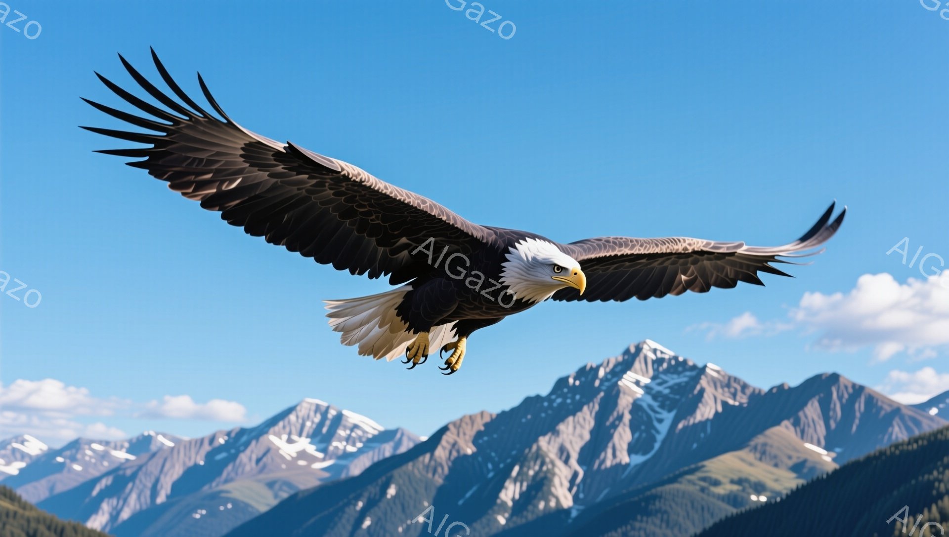 広大な山々を背景に、力強いハクトウワシが翼を広げて飛んでいる。翼は大きく開き、鋭い眼光は獲物を捉えようとしている。空は澄み切った青色で、ワシの姿は雄大で自由な雰囲気を醸し出している。