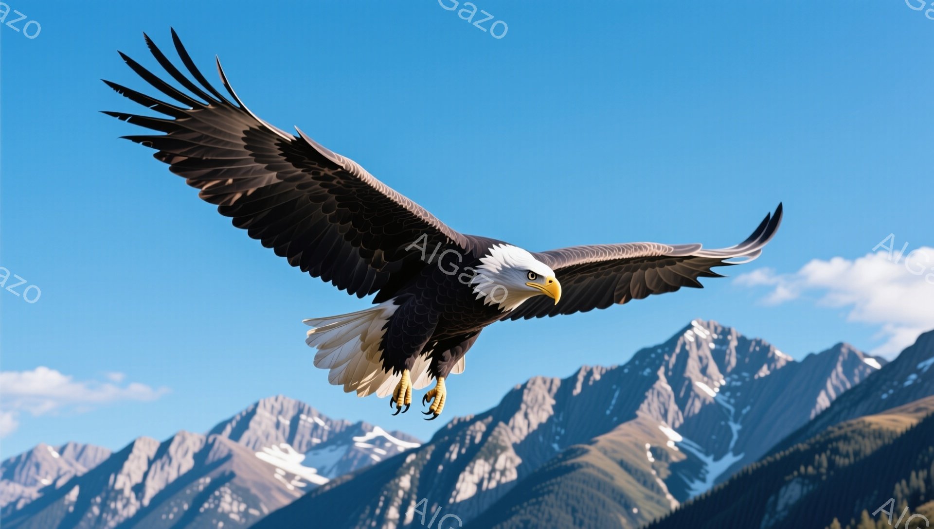 空を飛ぶアメリカハゲワシが、雪を頂く山々の前に翼を広げています。青空を背景に、その力強い姿が際立っています。自然の壮大さと力強さを感じさせる光景です。 - AI生成フリー素材