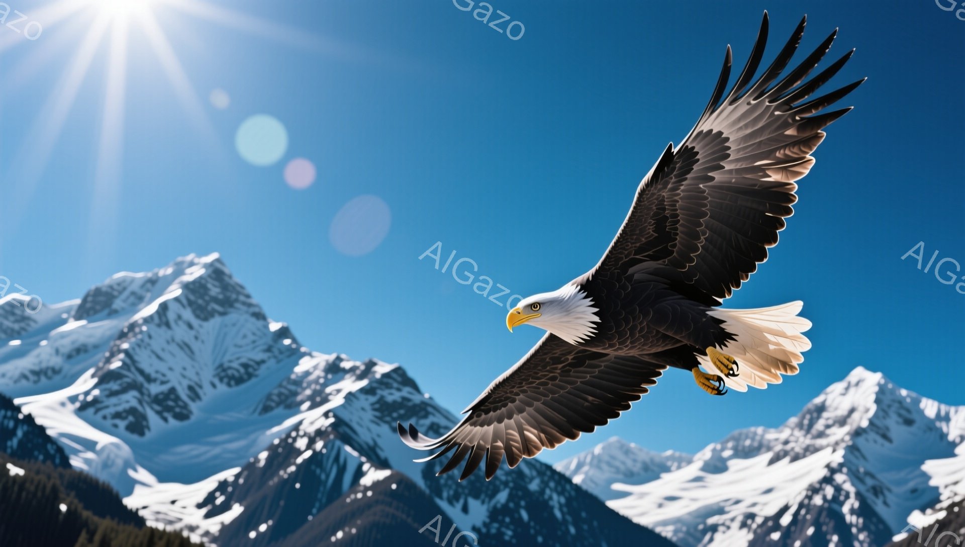 雄大な山々と青空を背景に、羽を広げた白頭鷲が力強く飛翔している。太陽の光が鷲の羽に反射し、そのシルエットを際立たせている。雪山と太陽光が、鮮やかなコントラストを生み出し、力強さと希望を感じさせる。 - AI生成フリー素材