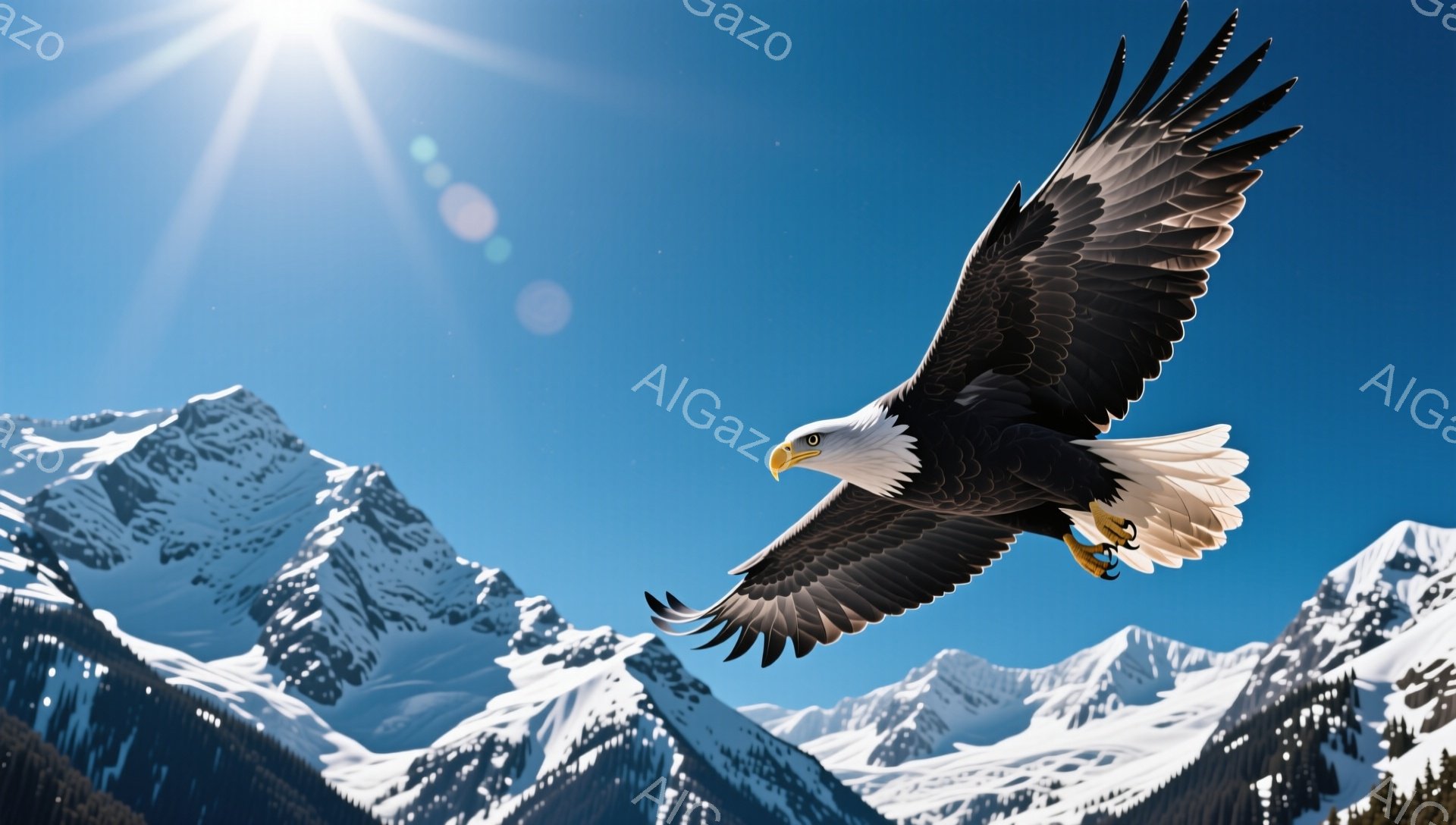 雪山を背景に、翼を広げたアメリカワシが飛んでいる。青い空と白い雪のコントラストが印象的で、ワシの力強い姿が際立っている。太陽の光がワシの羽に当たり、輝きを増している。